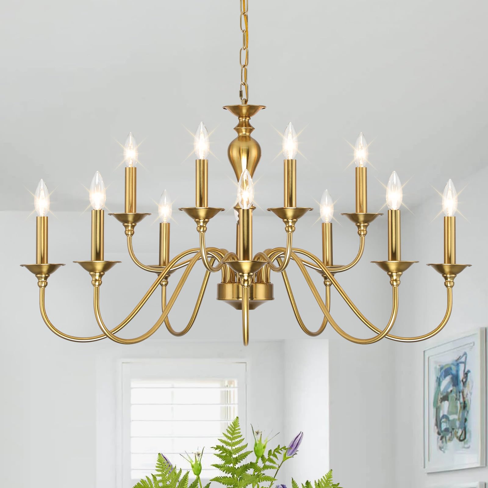 LIGHTDAMY 12 Light Gold Farmhouse Chandeliers for Dining Room Light Fixtures Over Table,Industrial Candle Hanging Chandelier for