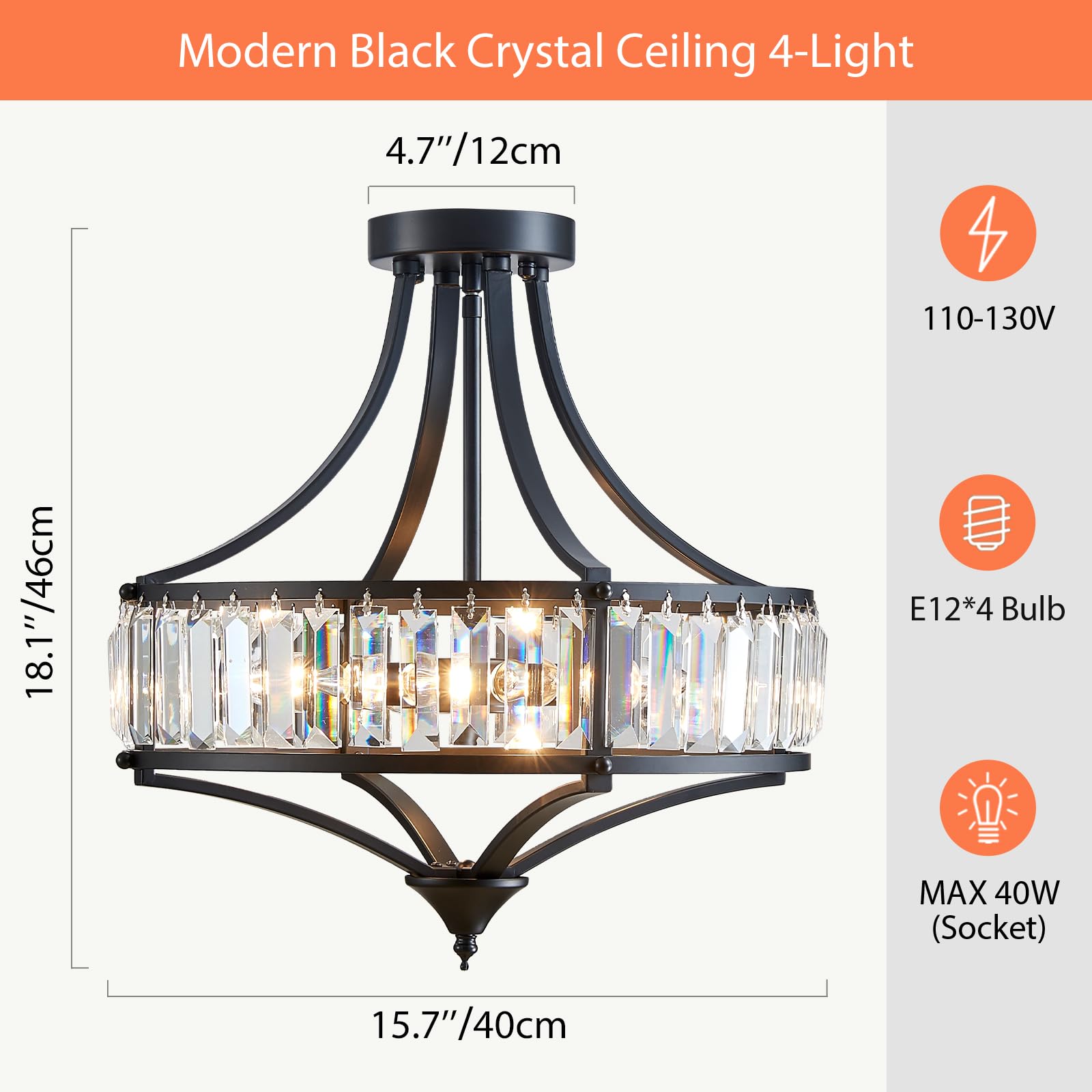 Majhoiw 4-Light Black Crystal Ceiling Light Fixture - Rustic Farmhouse Semi Flush Mount for Dining Room, Hallway, Bedroom, Foyer
