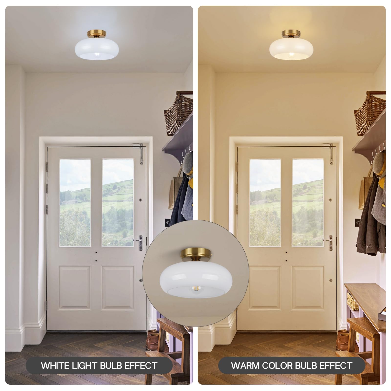 Clarsyne Semi Flush Mount Ceiling Light Fixture, 11'' Vintage Mid-Century Gold With White Milk Glass Shade, Modern Farmhouse Lig