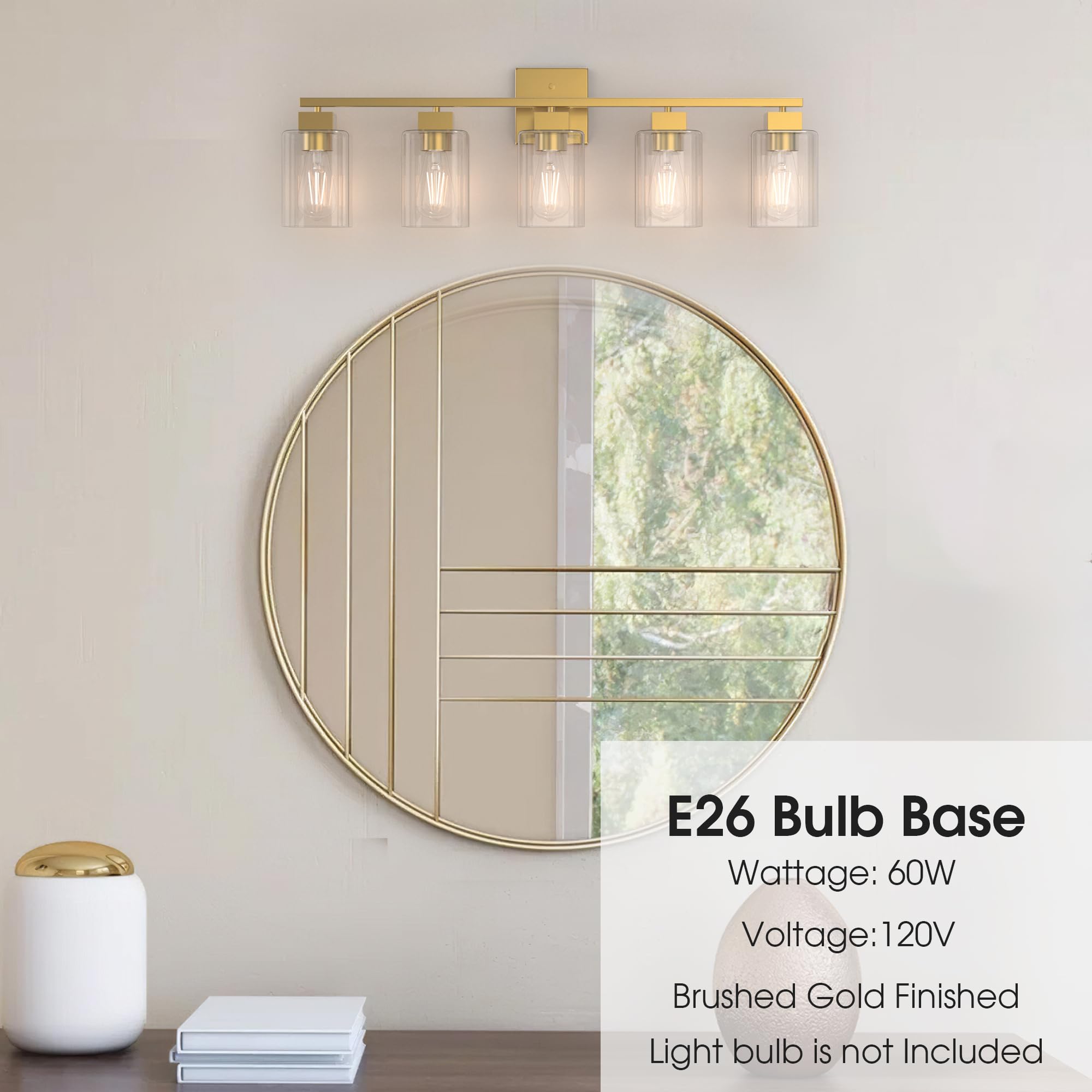 Espird 5 Light Bathroom Vanity Light - Brass Gold Light Fixture Bathroom Square Design & Ul Certification, 31 Inch Long Gold Bat