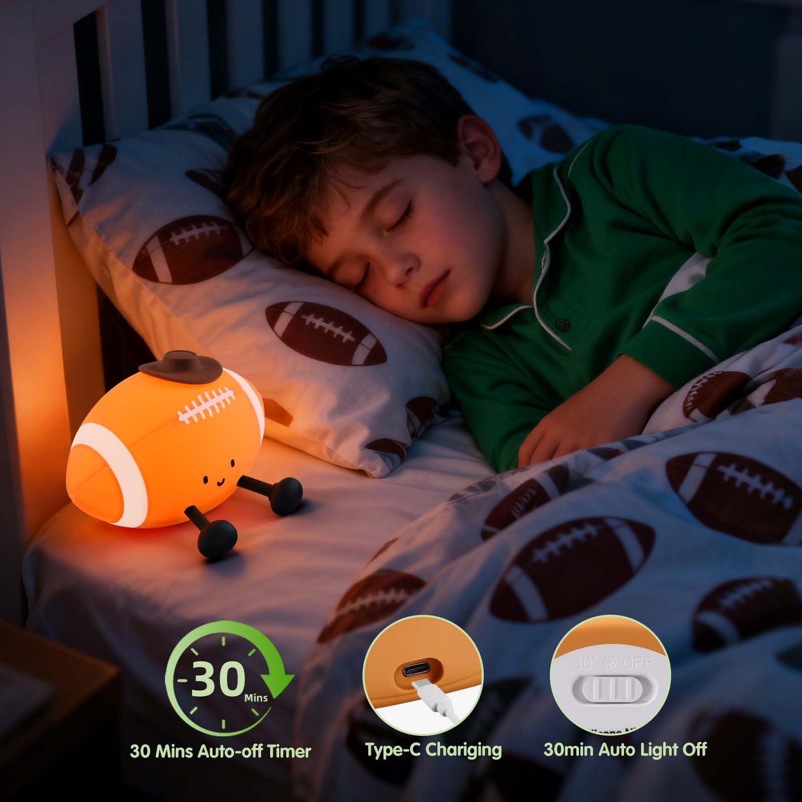 YISUN Football Night Light, Rechargeable Silicone Nursery Lamp, 5.1" Orange Rugby Decor for Kids Room, Model DH-BFLD27
