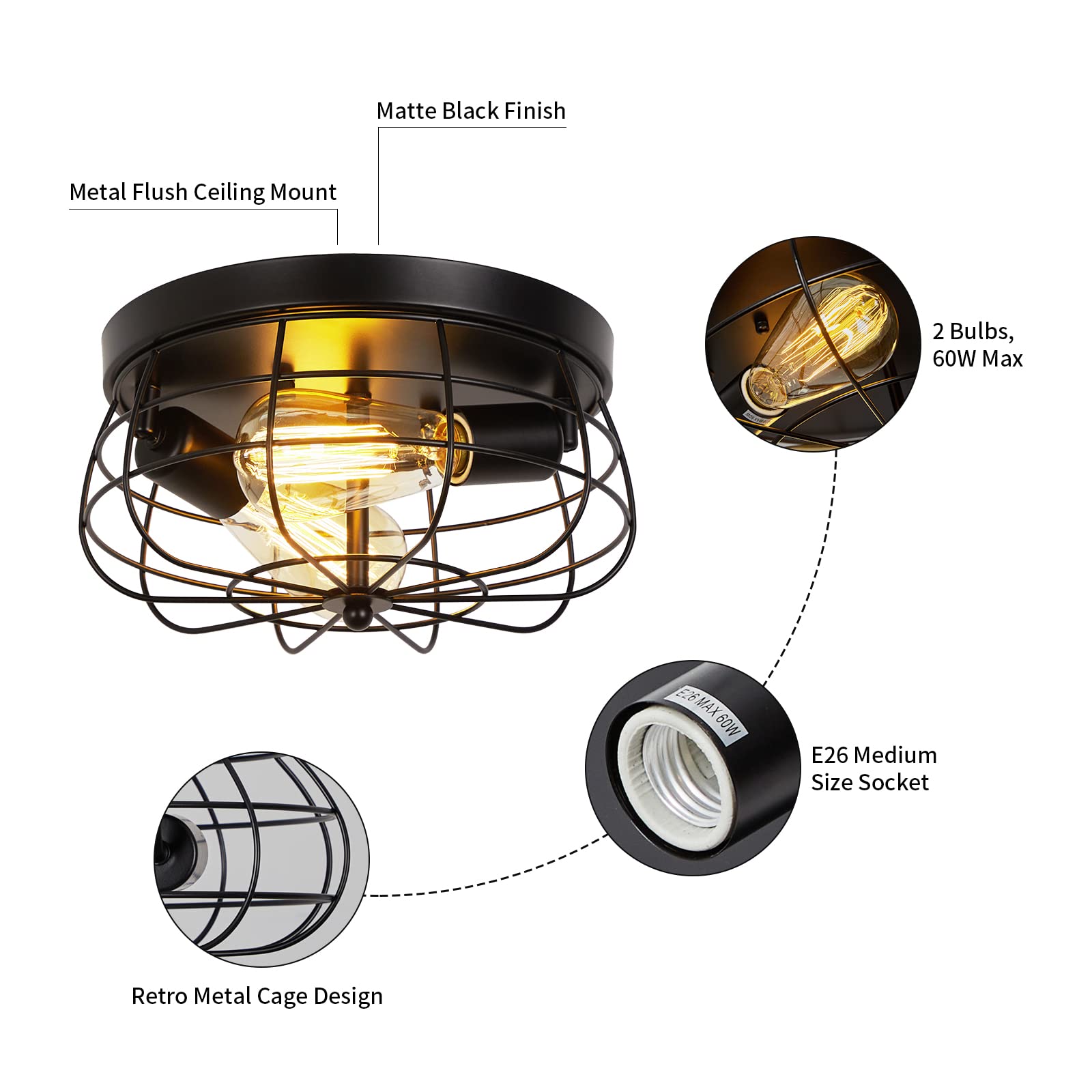 Industrial Black Flush Mount Ceiling Light 2-Light Farmhouse Ceiling Light Fixtures Metal Cage Ceiling Lighting For Hallway, Kit