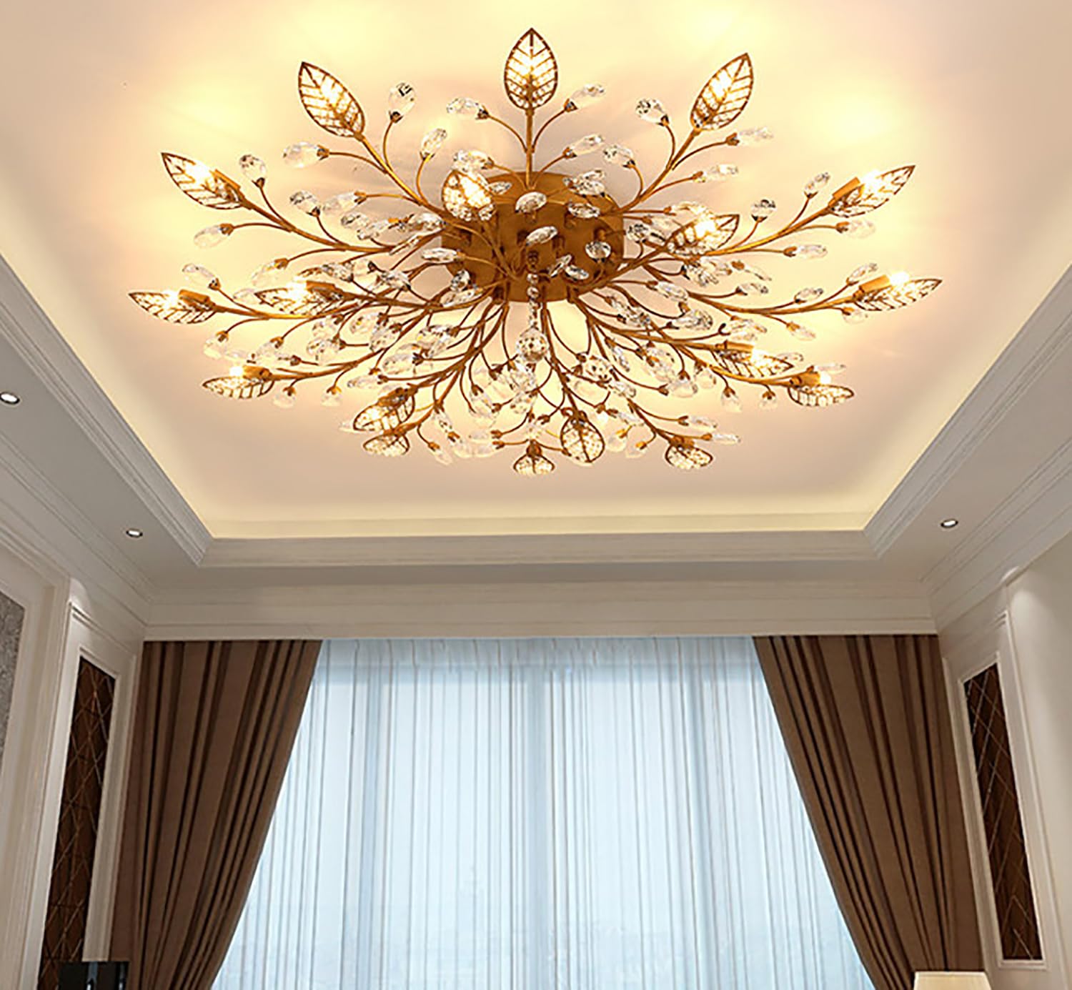 Ridiss Modern Crystal Ceiling Light Fixture, 15-Light Semi Flush Mount Chandelier, Gold, Model SJD-15