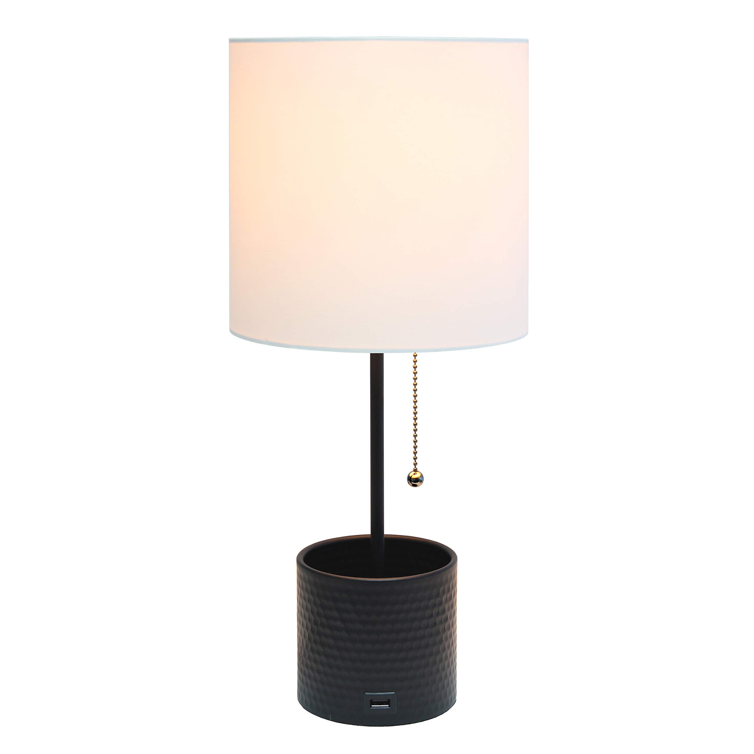 Simple Designs Lt1085-Blk Hammered Metal Organizer Table Lamp With Usb Charging Port And Fabric Shade, Black