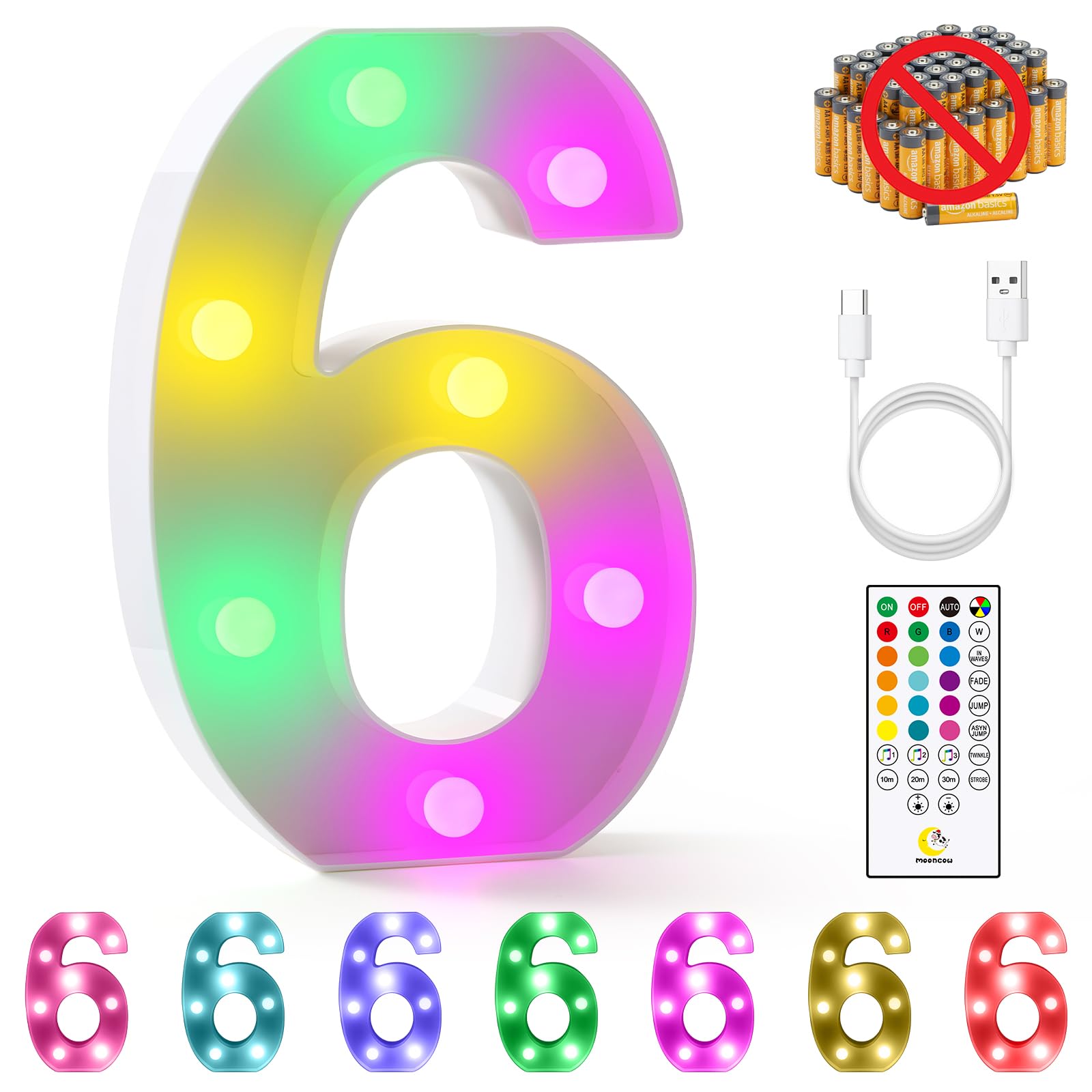 mooncow Rechargeable Light Up Letters,Colorful Marquee Letters with Remote,Gift Wrap Gifts,Bedroom Home Bar Party Decor (6)
