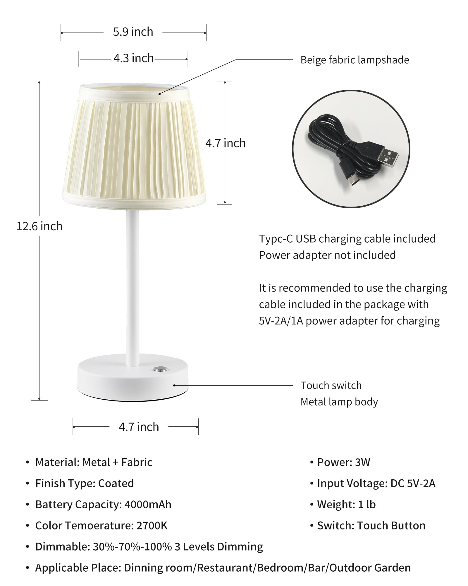 Pusu 2 Pack Cordless Led White Table Lamps  Rechargeable 4000Mah 3 Way Dimmable Bedside Small Lamp With Fabric Shade  Lighting For Bedroom  Kids Room  Bathroom  Kitchen  Decor  Gift  Night Light