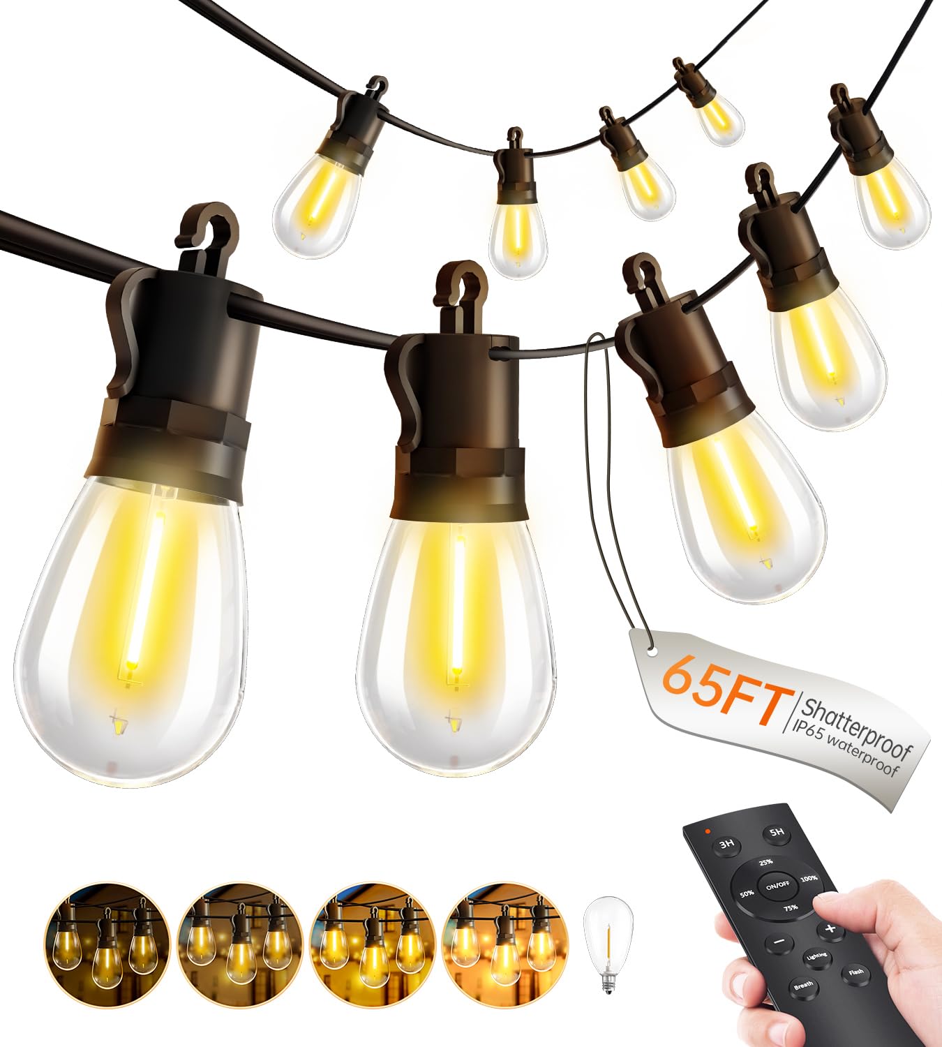 TBOSW Outdoor String Lights LED 20M/65ft with Remote Control, IP65 Waterproof, Model CMC-O18XA