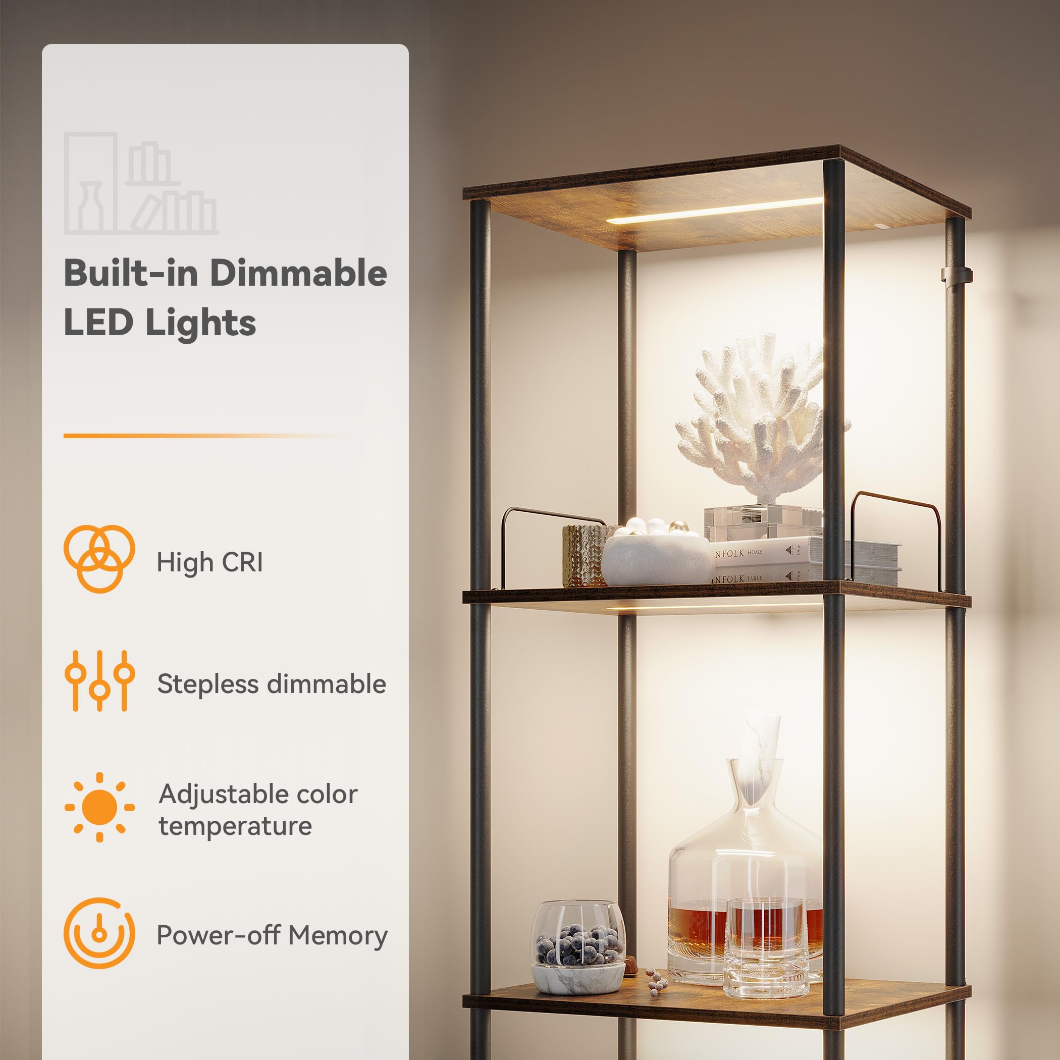 SUNMORY Display Shelf with Dimmable Lights, Adjustable Brightness, Rustic Brown, Wood, Model F00083014A