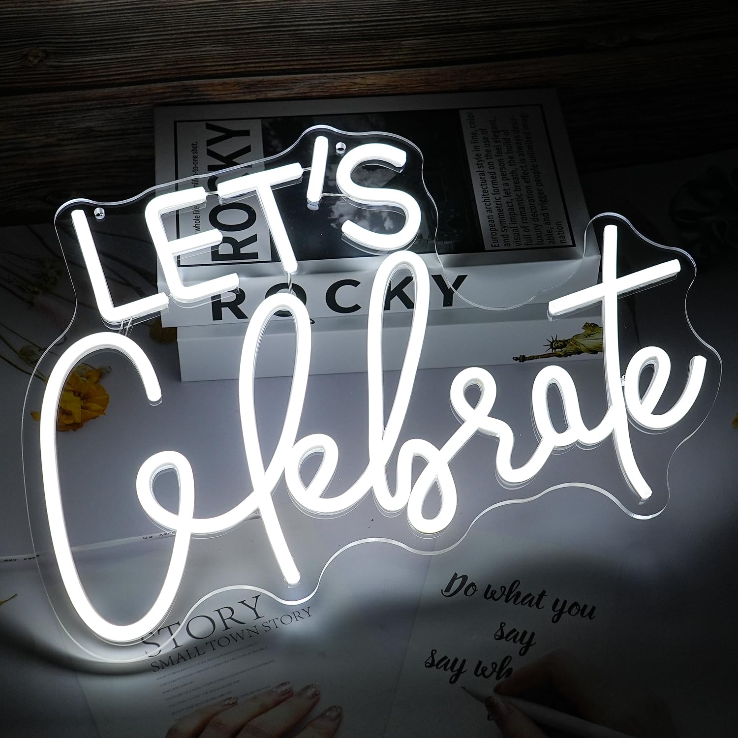 LISIGNVE Dimmable Neon Sign - Lets Celebrate - White LED Light for Wall Decor - 16.5inx11.8in - USB Powered