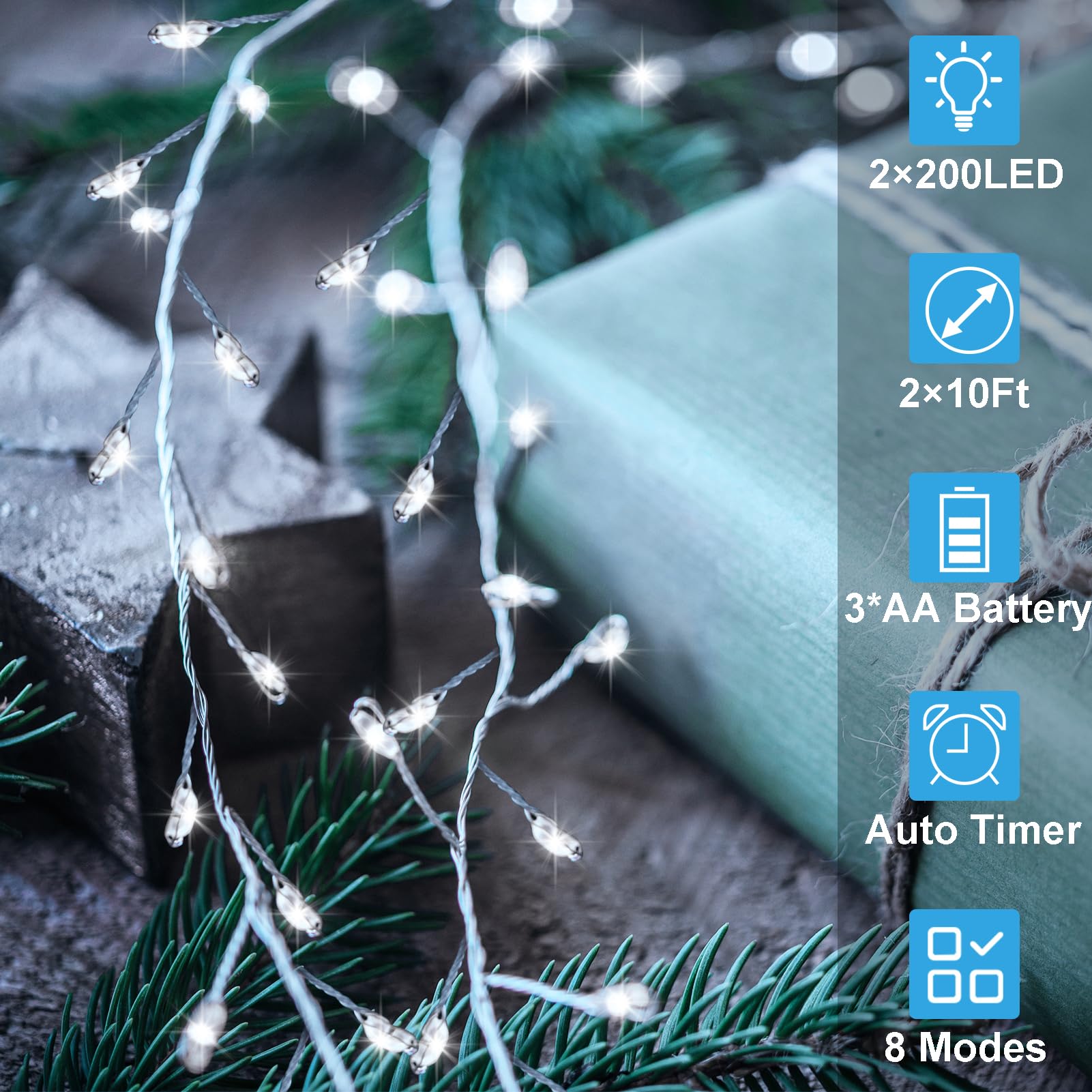 2 Pack Cluster Fairy Lights Battery Operated, Total 20Ft 400 Led Christmas Lights String With Timer 8 Modes Firecracker Fairy Li