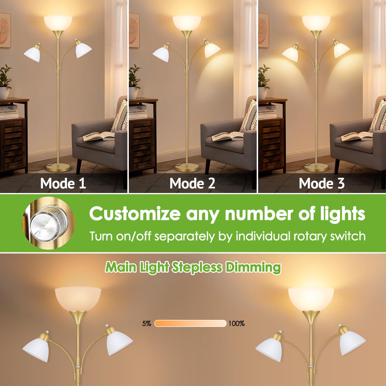Coucrek 72" Dimmable Floor Lamp with 2 Reading Lights, Gold Metal Torchiere, Model HD-FL8001, Perfect for Living Room and Bedroom