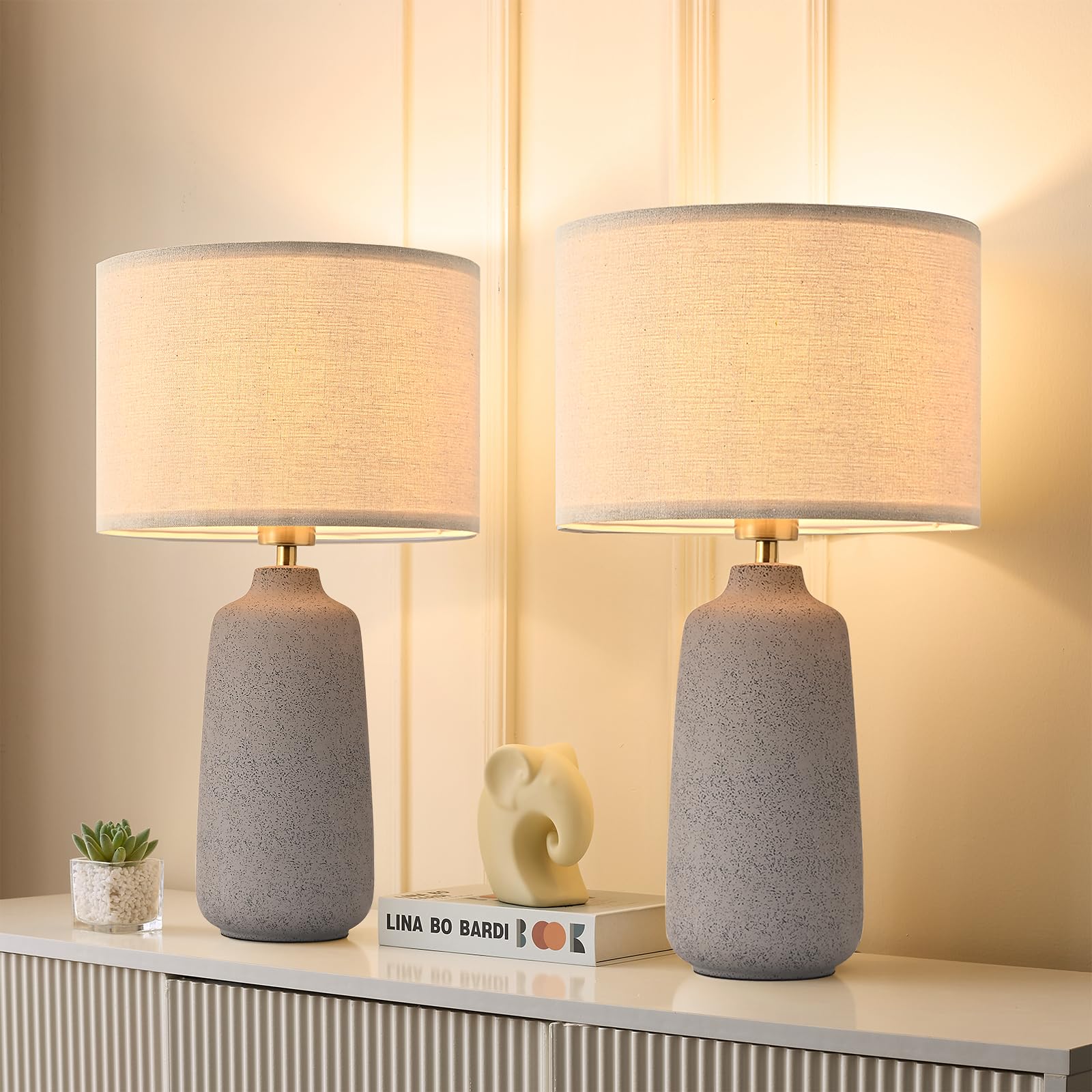 Earth Brown Ceramic Table Lamp Set of 2 Tall 22in Lamps for Living Room End Table Bedroom Farmhouse Rustic Lamp Set Bedside Nigh