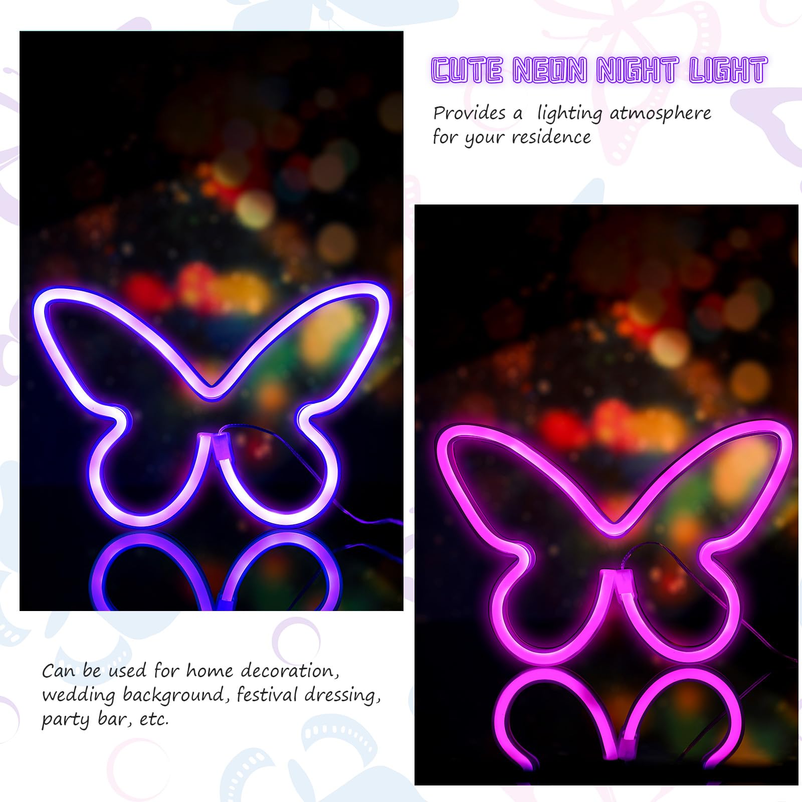 Riakrum Butterfly Neon Signs LED Light, 3AA Battery/USB Operated, Purple & Pink, Wall Decor for Home, Bedroom, Birthday Party, Model SW-Riakrum-2642