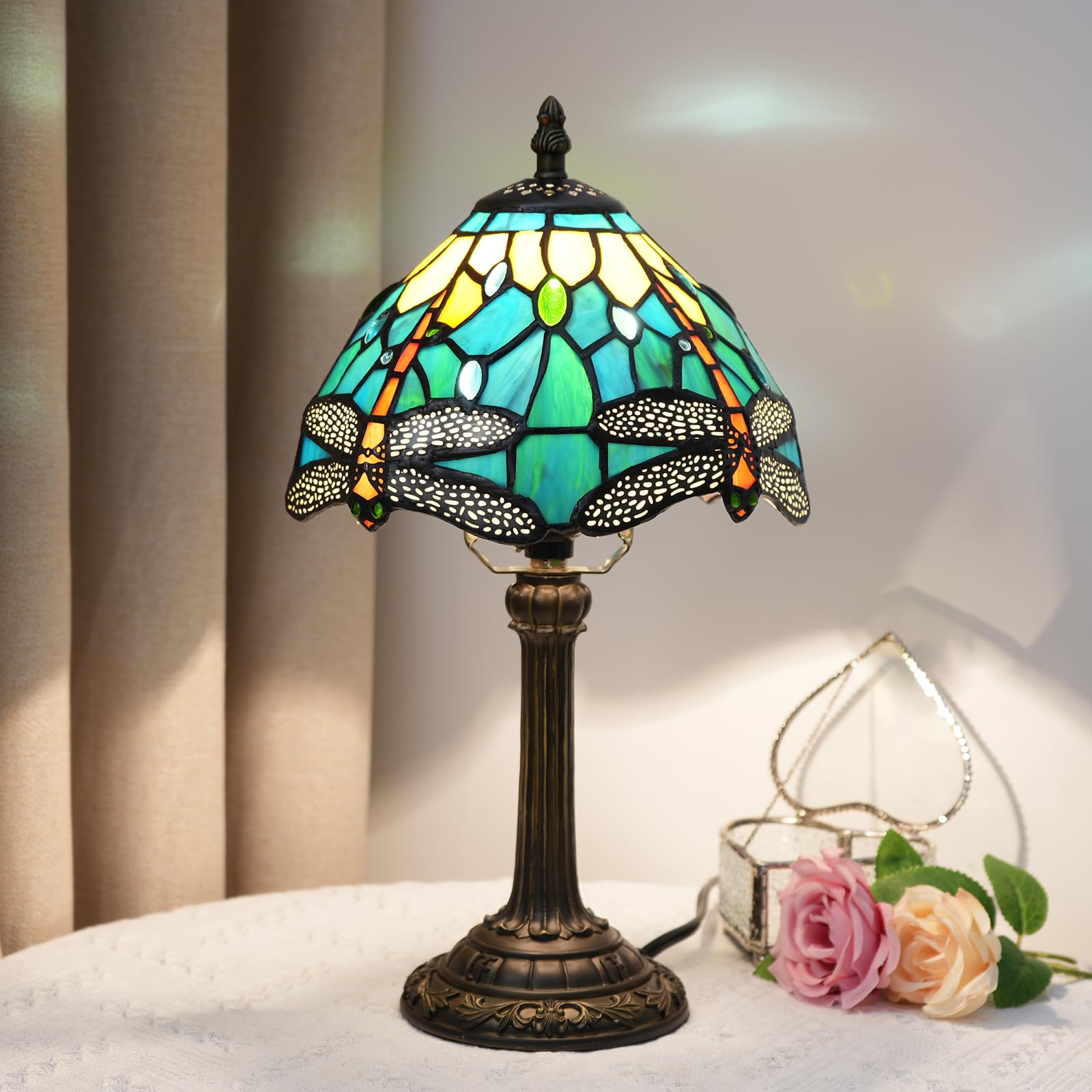 Tiffany Style Stained Glass Table Lamp, Green Dragonfly Pattern Desk Lamp with Resin Base, 8 Inch Wide 14.4 Inch Tall Retro Nigh