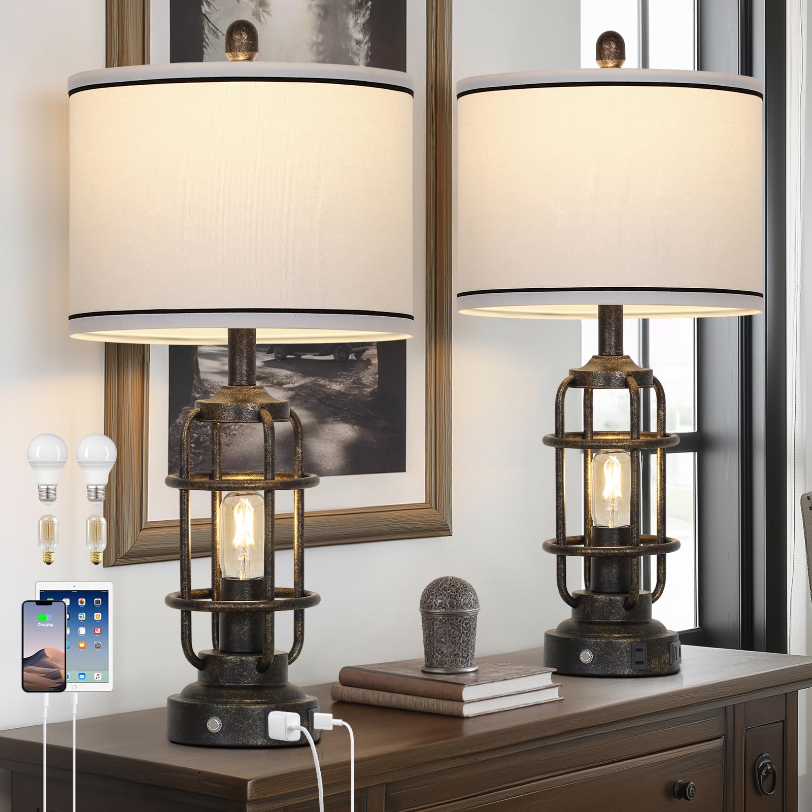 26'' Vintage Industrial Table Lamps Set Of 2, Farmhouse 3 Way Dimmable Touch Control Led Night Lights Table Lamp With Usb A+C Po