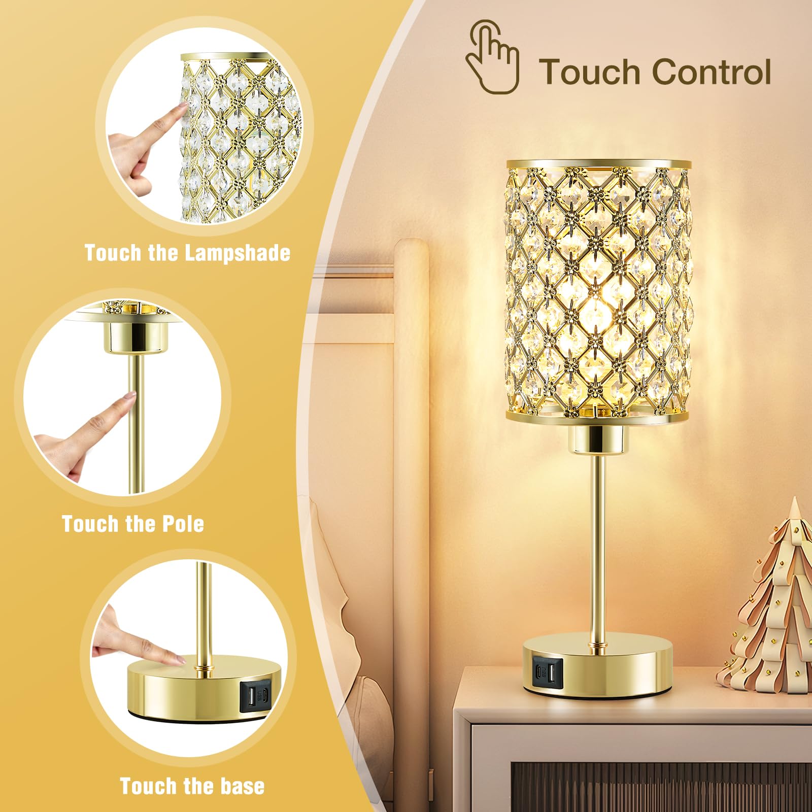 Crystal Table Lamp, Gold Touch Lamp For Nightstand With Usb C+A Ports, 3 Way Dimmable Lamp With Crystal Shade, Bedside Lamp Smal