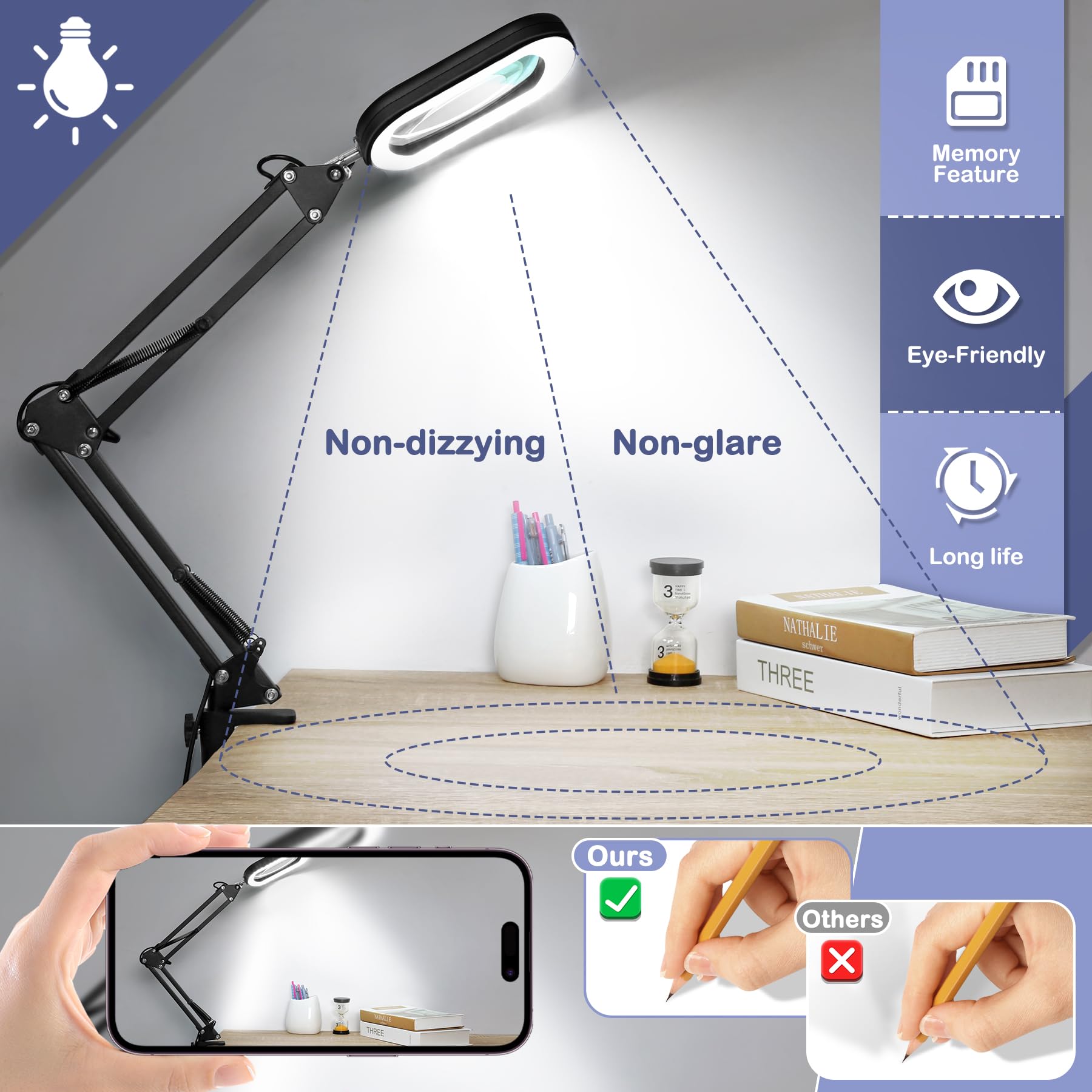10X Square Magnifying Glass With Light And Stand, Real Glass Led Lighted Magnifier, 5 Color Modes Stepless Dimmable, Hands-Free