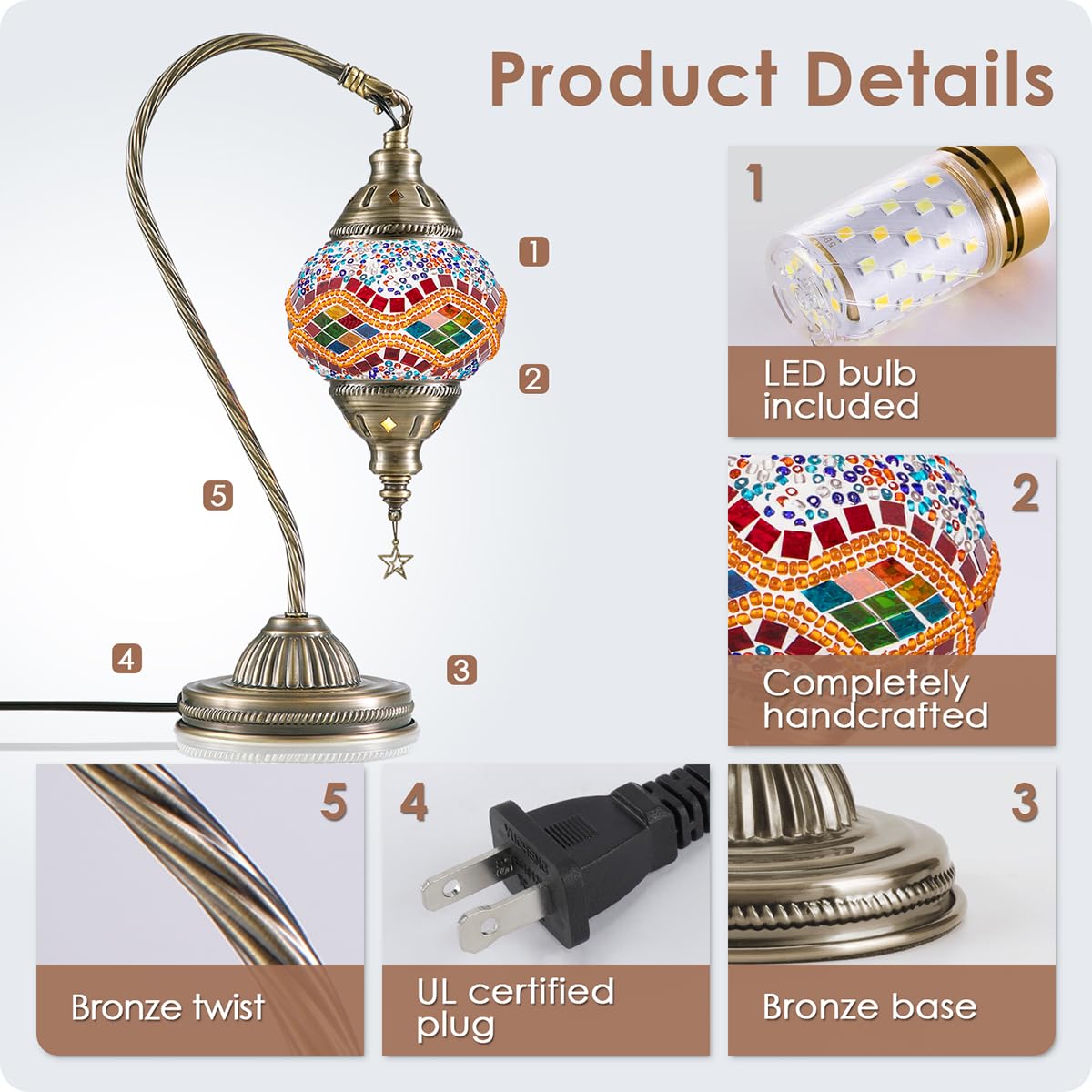 Yarra-Decor Turkish Moroccan Lamp, Handmade Tiffany Mosaic Glass, Bronze Base, LED Bulb Included, Orange2 Color