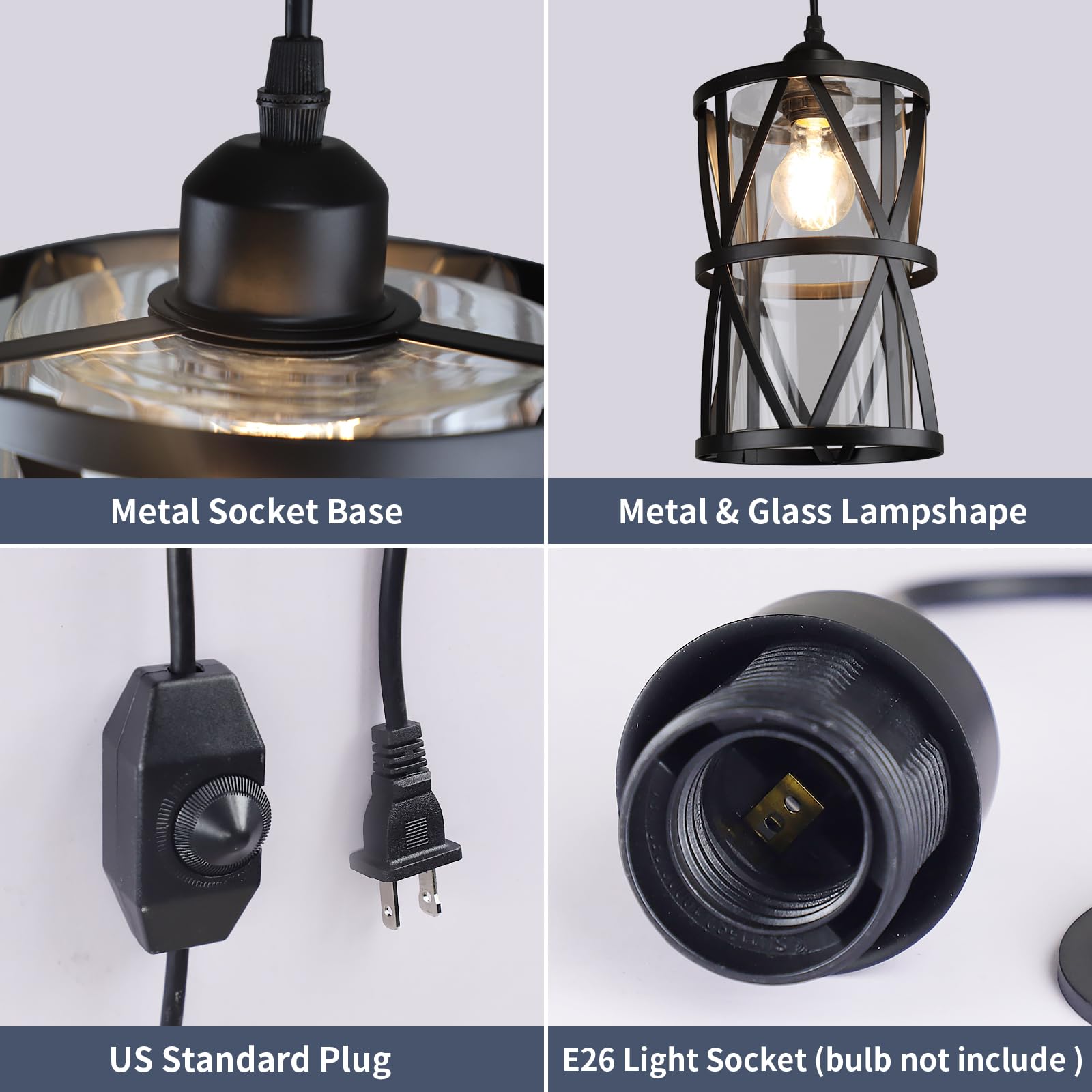 Dllt Industrial Plug In Pendant Light, Black Cage Glass Swag Lamp With Plug In Cord, Dimmable Hanging Light Fixtures For Kitchen