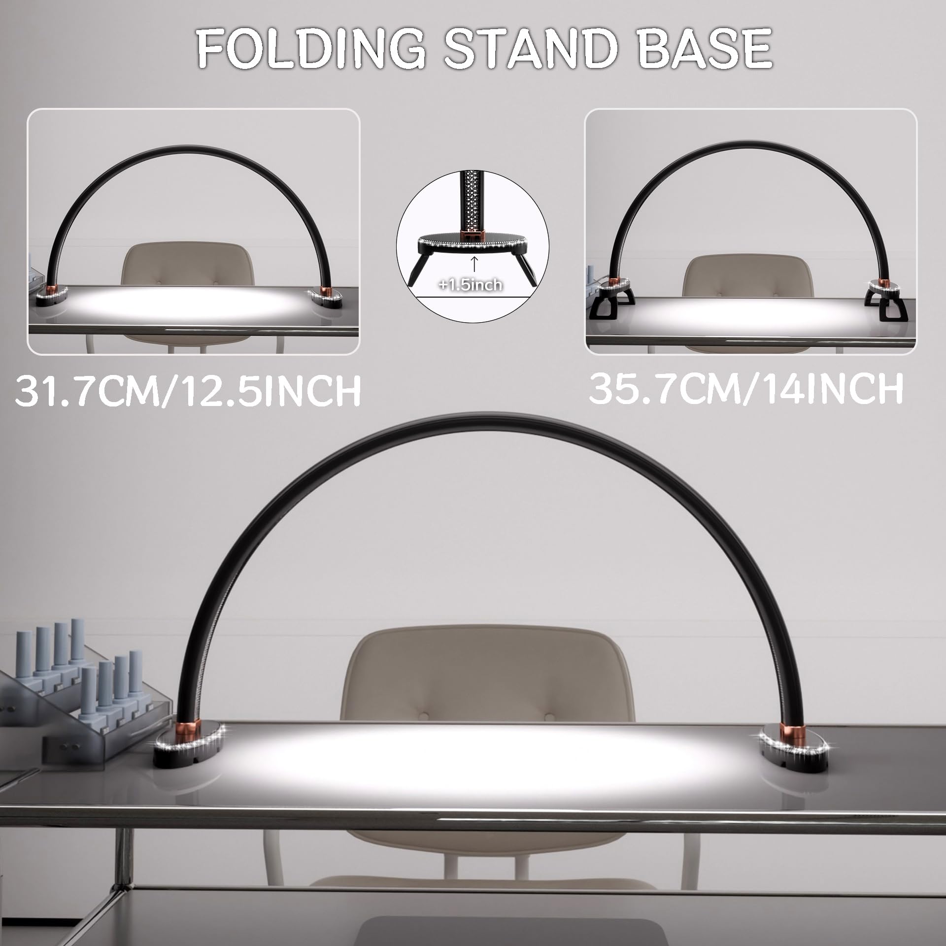 Half Moon Light For Nail Desk, Black Nail Tech Desk Lamp With Stepless Dimming, 3 Color Temperature, For Manicure, Tattoos, Eyeb