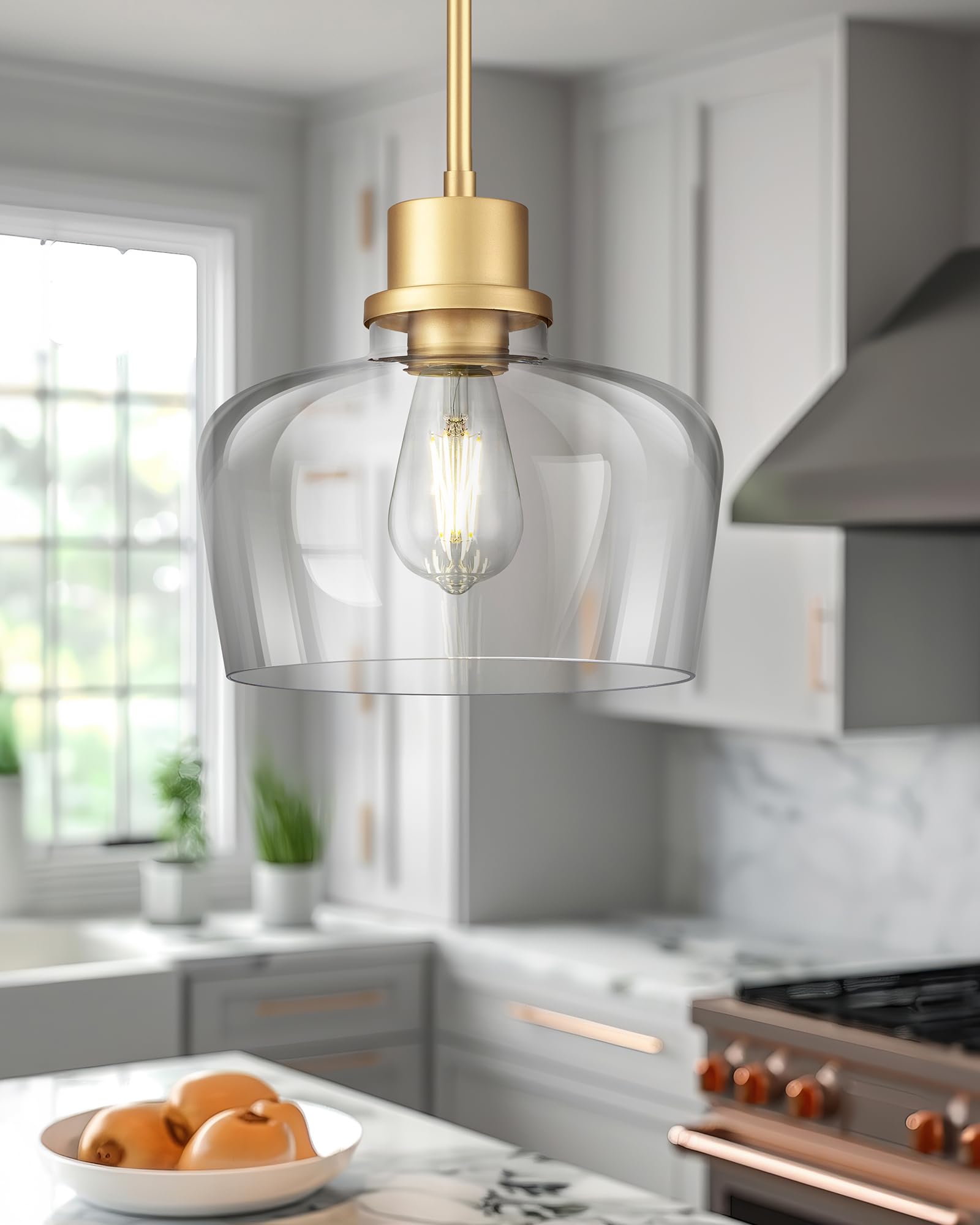 Emak Modern Gold Pendant Lights Kitchen Island, 10 Inch Large Pendant Light Fixtures With Clear Glass Shade For Kitchen, Dining