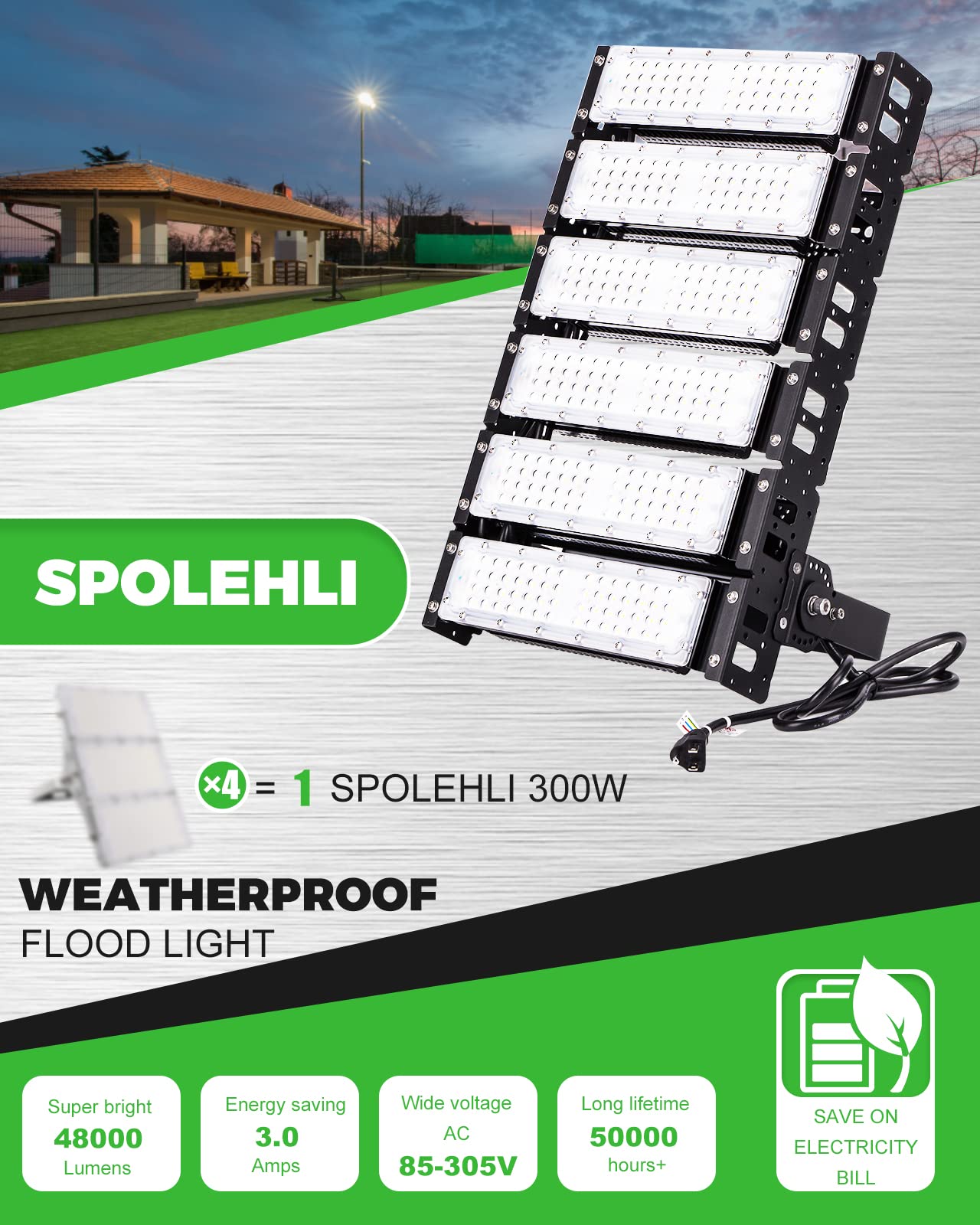Spolehli Led Stadium Flood Lights 2000W Equivalent 48000Lm Super Bright Led Arena Lights 85-305V Ip66 Waterproof 6500K Daylight White 300W Outdoor Lighting For Farm Stadium Riding Arena Field Rink