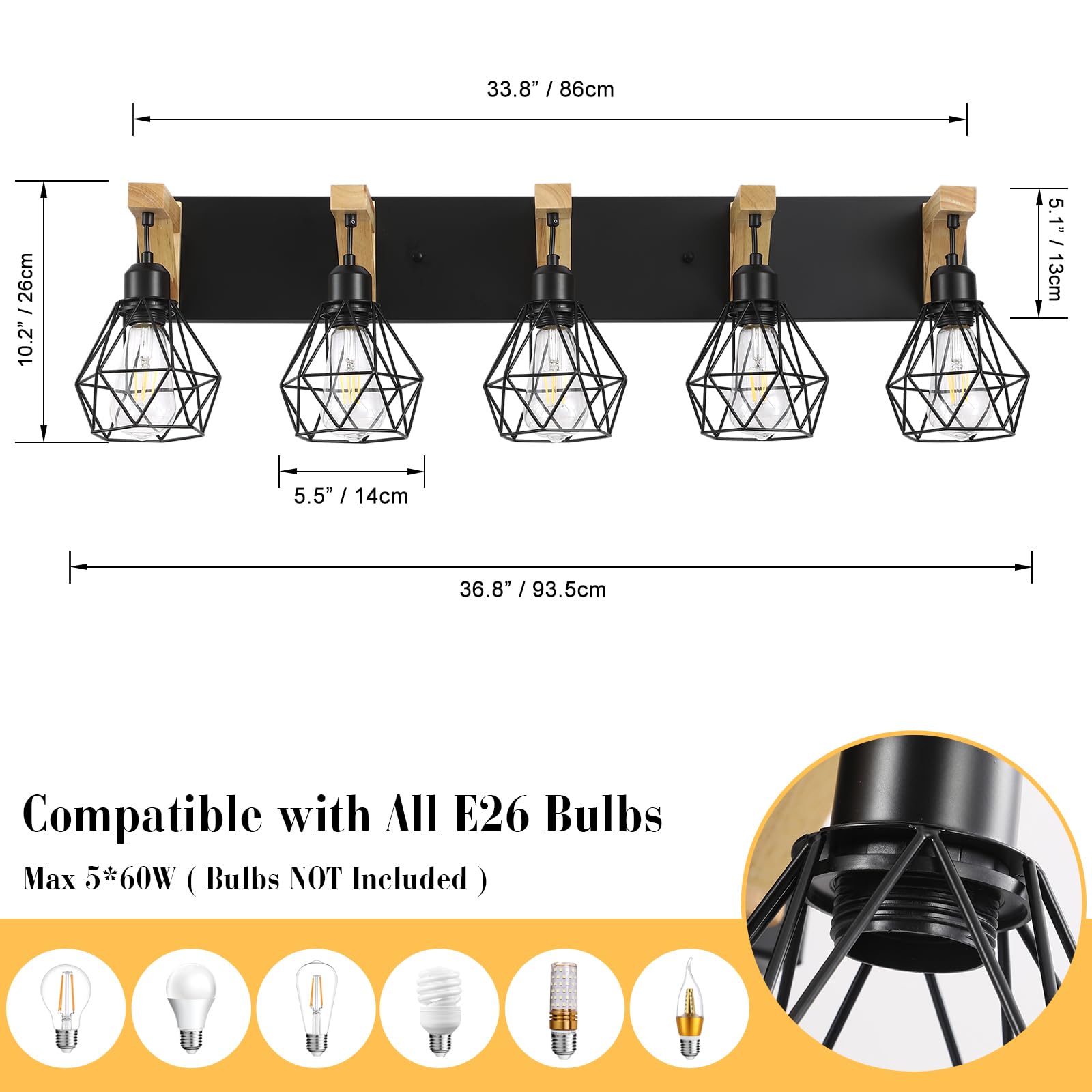 maesta 5-Light Bathroom Vanity Light Fixture, Rustic Metal Sconces, Wood Design, Black, Model MA017