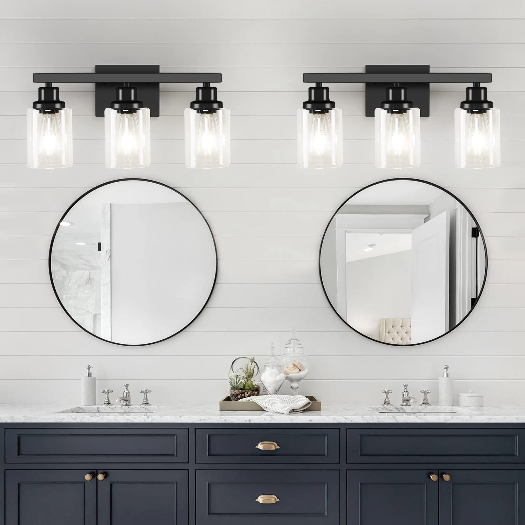DIKAIDA 3-Light Black Bathroom Vanity Light Fixtures with Clear Glass Shade, Modern Wall Sconces for Bedroom and Living Room - Model BLBD-3