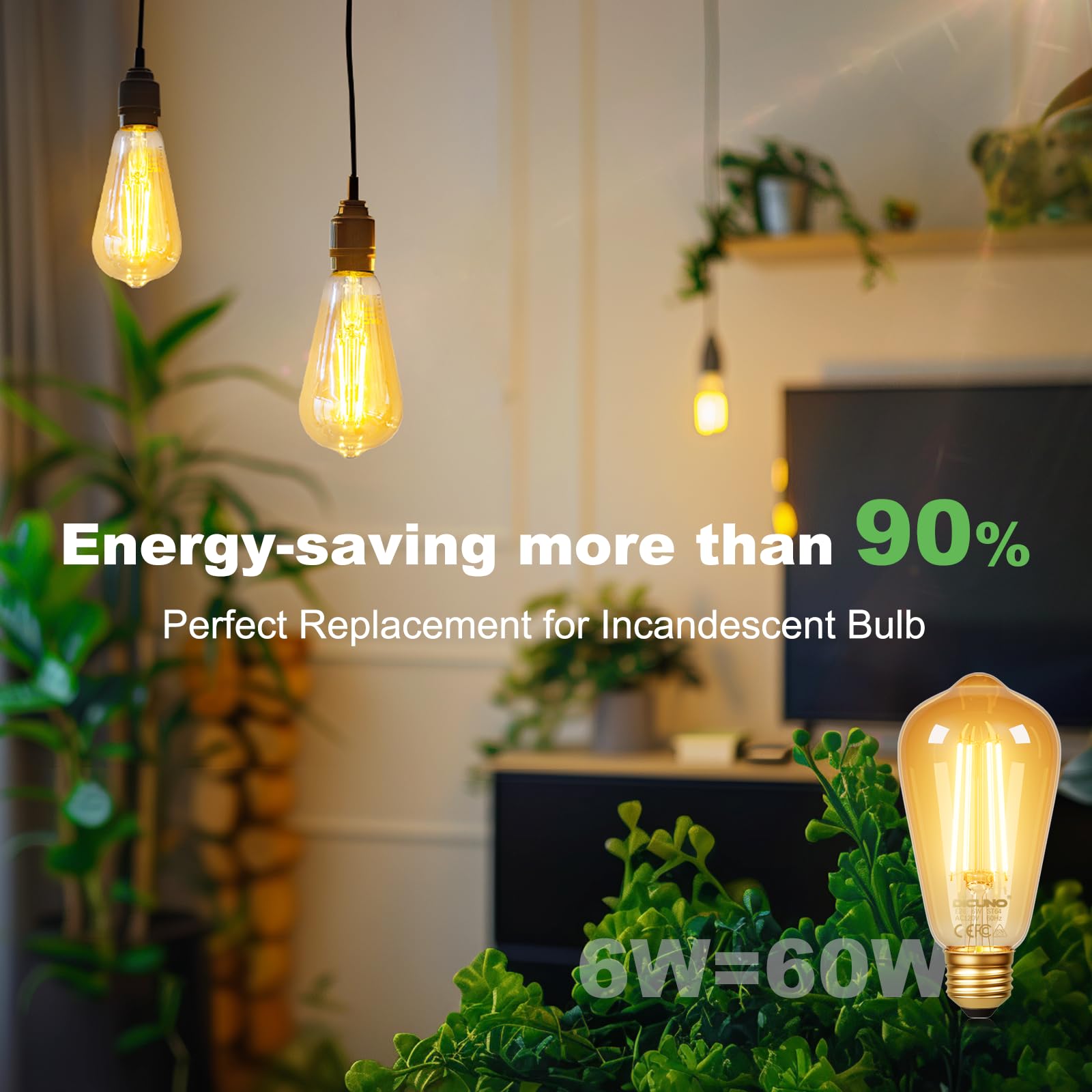 DiCUNO E26 Edison Bulbs 6W LED ST64 Amber Glass 2200K Warm 600LM Pack of 10