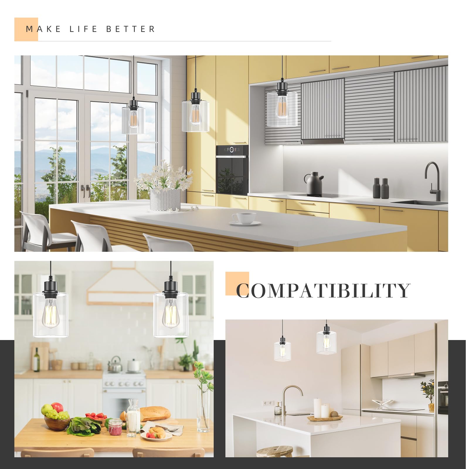 Pendant Light Kitchen Island Lighting 2 Pcs, With Bulb & Clear Glass Shade - 59 Inch Hanging Cord Farmhouse Hanging Lighting Fix