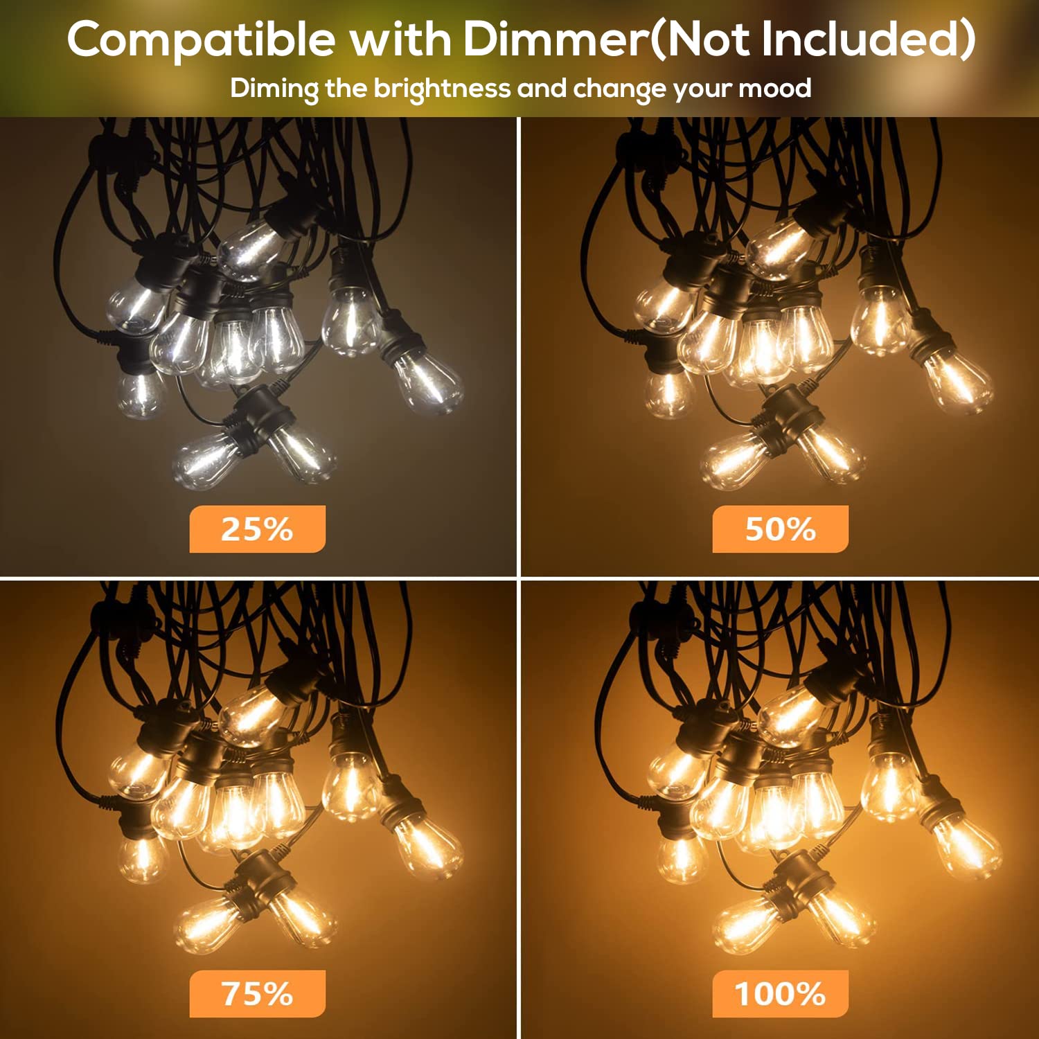 FMART 50FT LED Outdoor String Lights, Dimmable, Waterproof, 15 Sockets, Black, Shatterproof Edison Bulbs, Model SC-SPSL-12V-24W