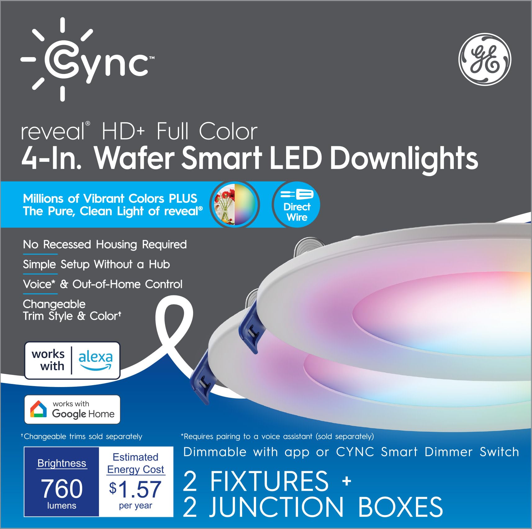 Cync GE Reveal HD+ Wafer Smart LED Downlight Fixture, Full Color Changing Lights, WiFi and Bluetooth LED Lights, 760 Lumens, Wor