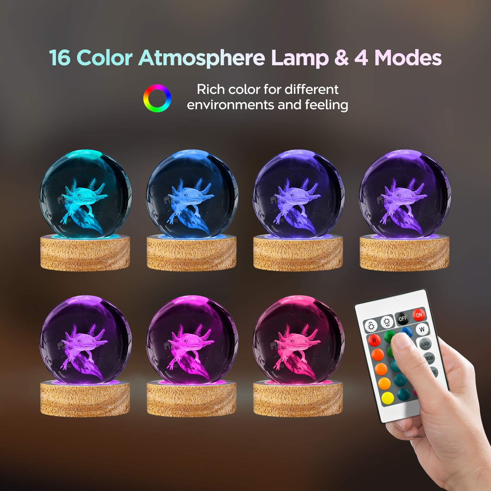 3D Axolotl Crystal Ball Night Light With 16 Color, Unique 60Mm Axolotl Figurines Glass Ball Lamps With Remote Cool Axolotl Toy R