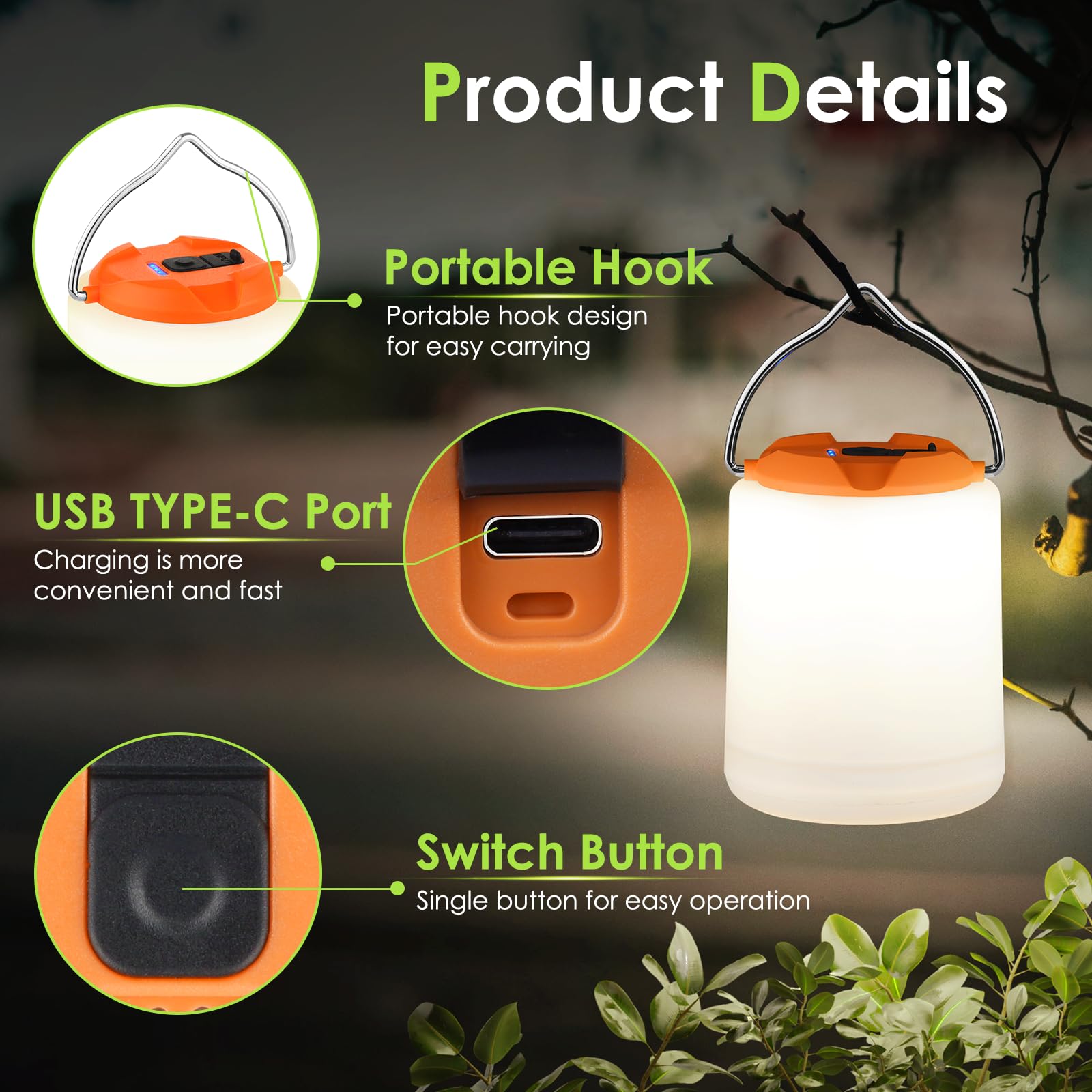 BOBKID LED Camping Lantern, 1000LM, Rechargeable, Water Resistant, Model XQ-Y11, Orange