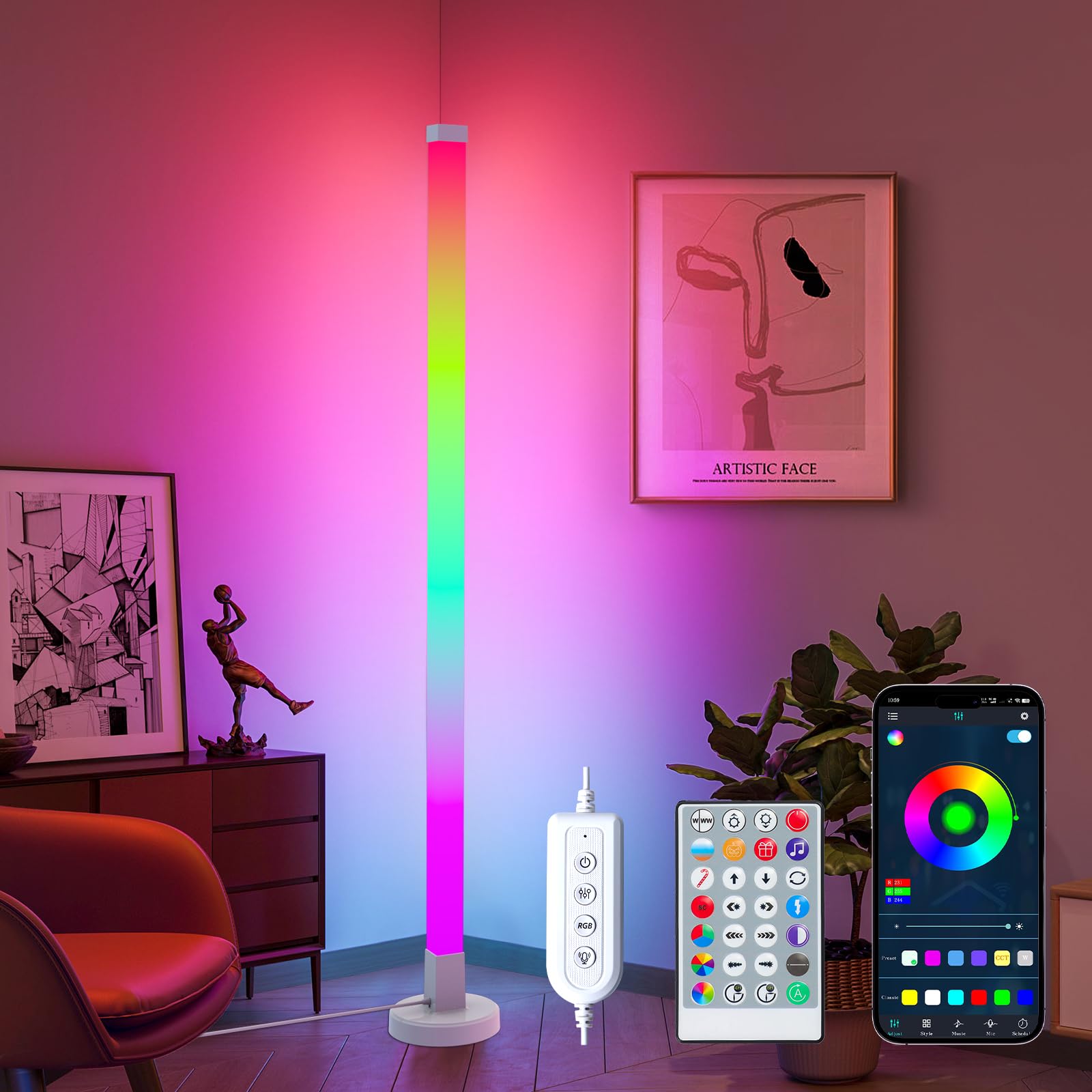KOBAIBAN DIY Corner Floor Lamp with Remote Control, RGB Corner Lamp 59 IN (150 CM), LED Smart Standing lamp Light with Music Syn