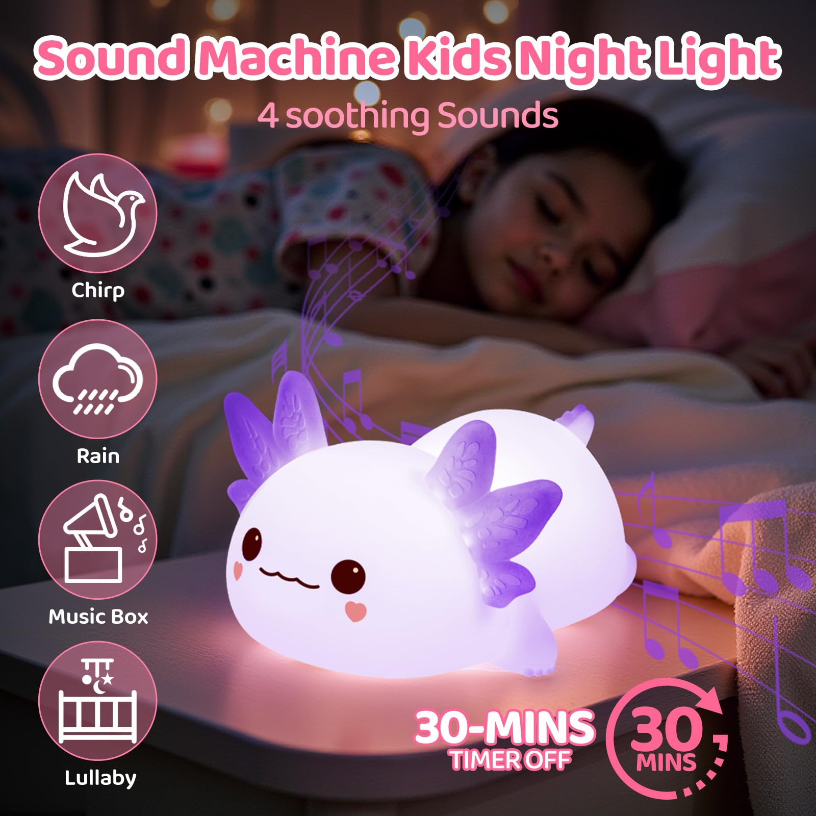 Mewaii Huggwaii Squishy Axolotl Night Light for Kids, Dimmable Silicone Kids Night Light with 4 White Noise, 2025 Upgraded Recha