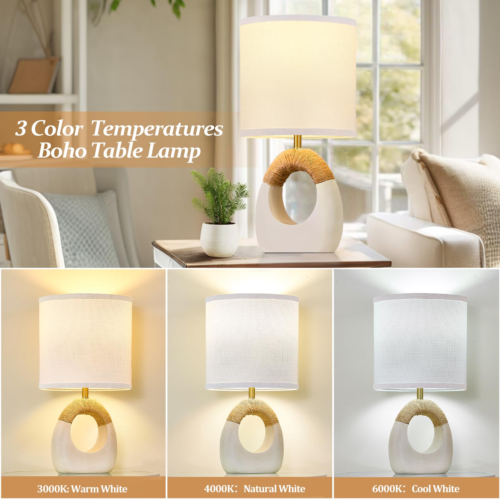 Ejiaxin Table Lamp For Bedroom Set Of 2 - Bedside Table Lamps With 3 Color Temperatures - Boho Rattan Lamps For Nightstands Smal