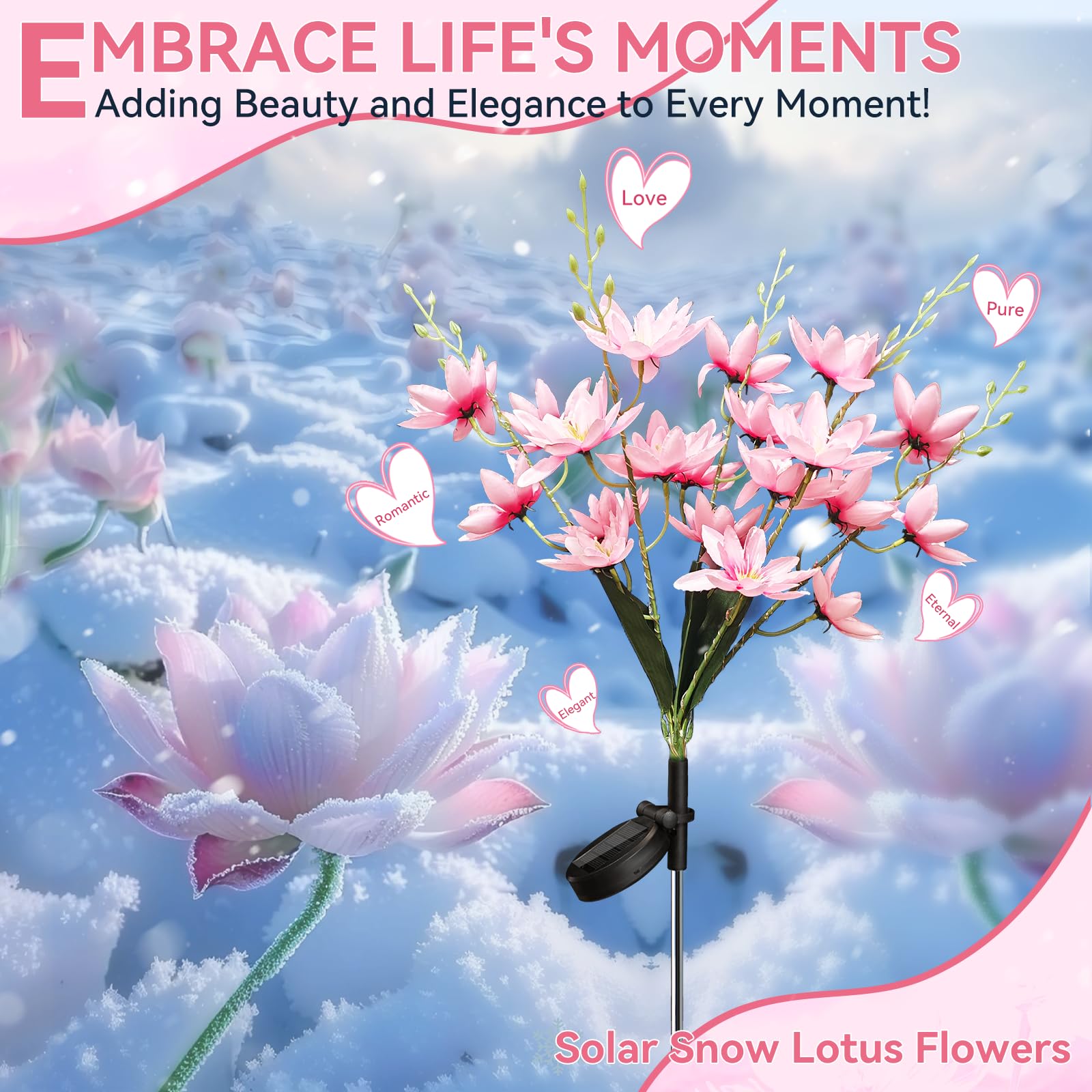 Neporal Solar Garden Lights, 5-Head Snow Lotus, Waterproof IP65, 4 Packs, Pink, PVC