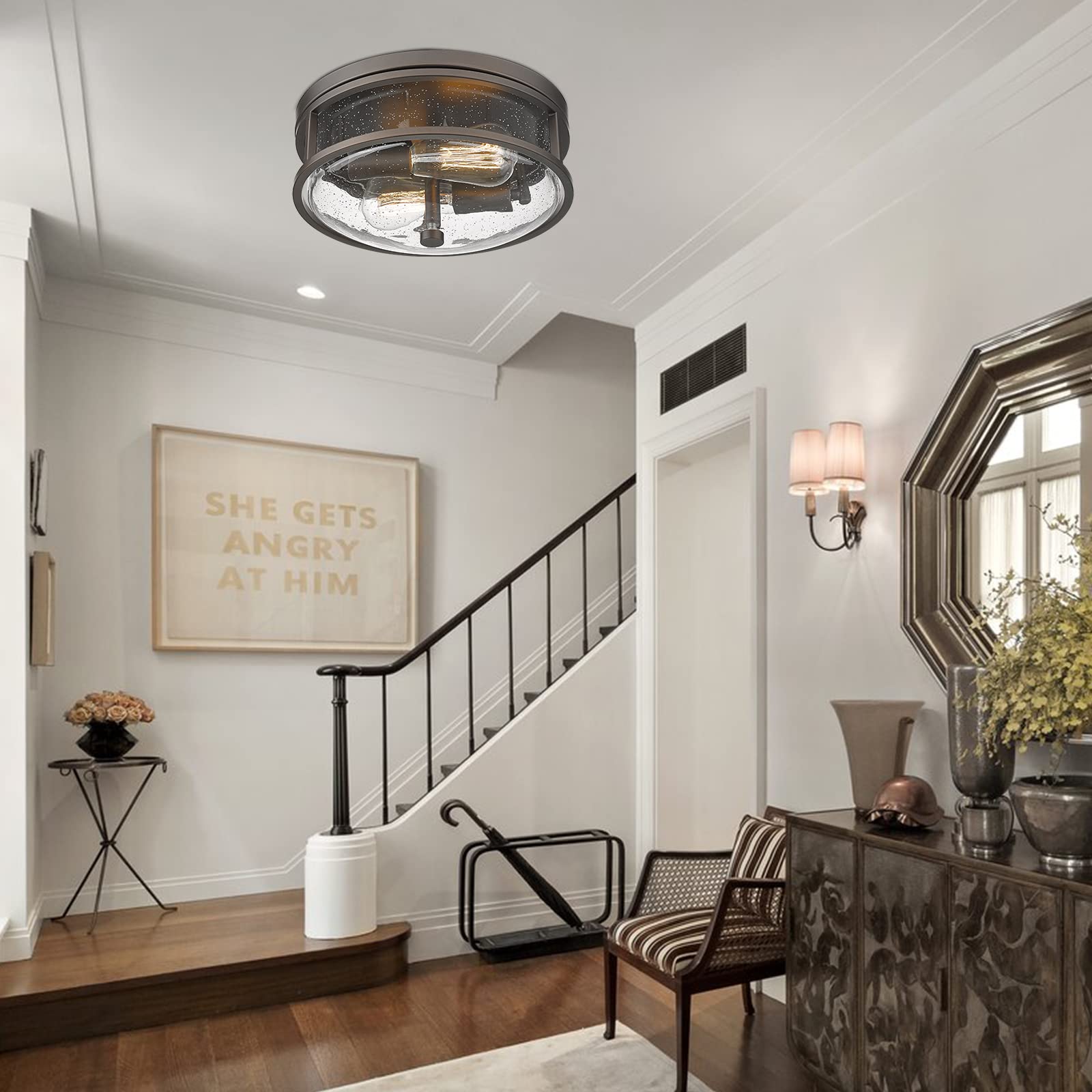 Rosient Flush Mount Ceiling Light Fixture, 12 Inch 2-Light Modern Farmhouse Ceiling Light With Seeded Glass For Bedroom, Entrywa