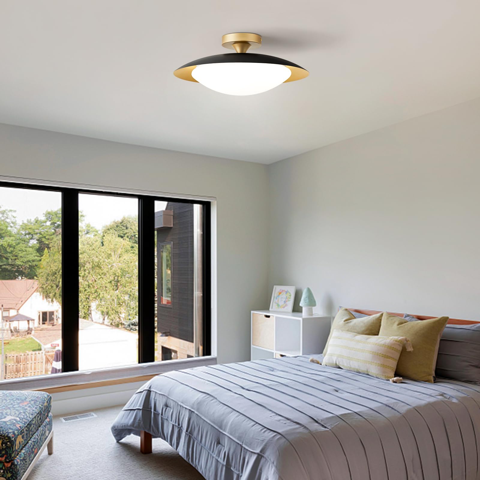 Dimmable Modern Mid-Century Ceiling Light, Black And Gold Led Semi Flush Mount Ceiling Light, 5Cct 2700K-6000K Lighting Fixture Ceiling Lamp With Acrylic Shade For Bedroom Kitchen Living Room, 15.8In