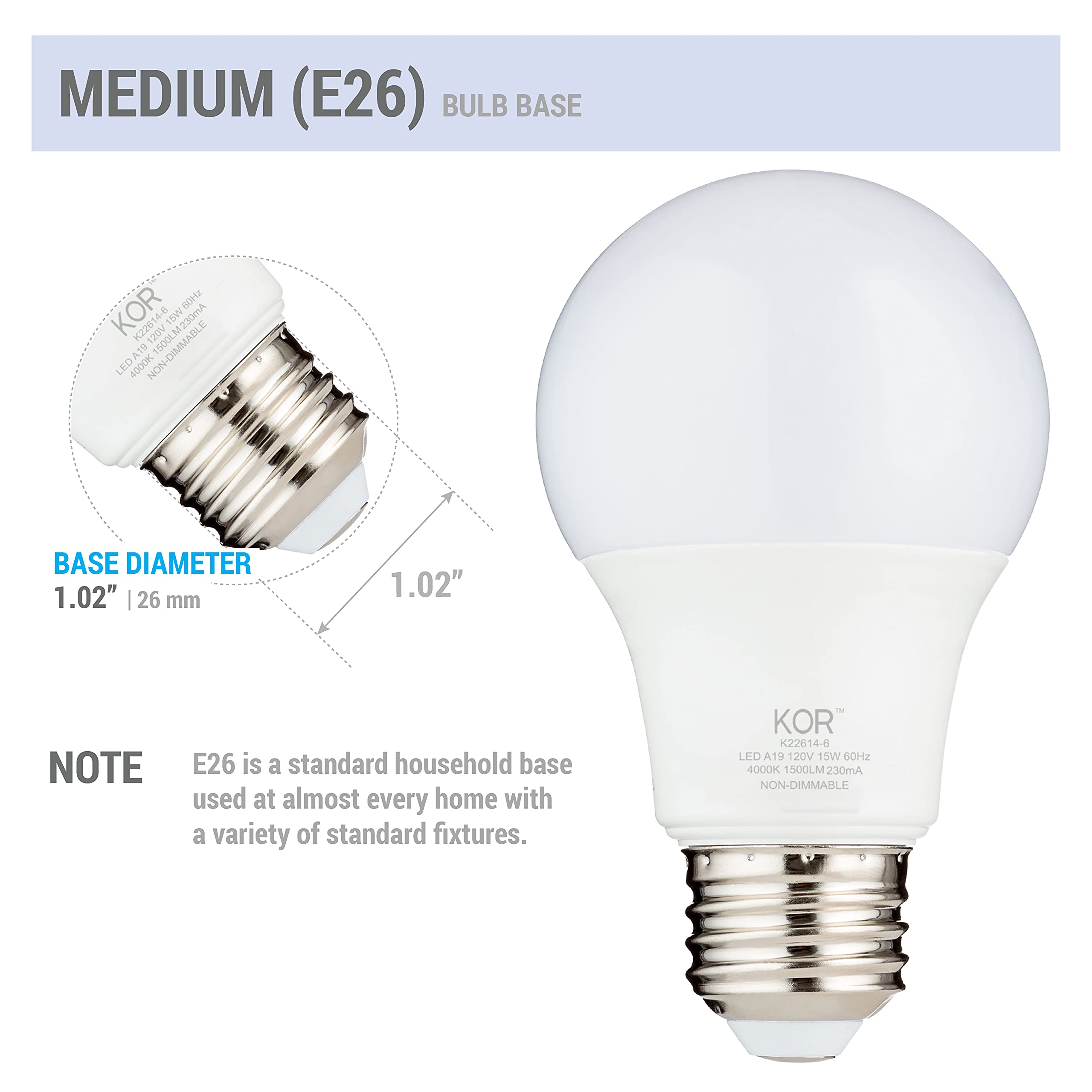 Kor 100W Equivalent Led Light Bulbs, 15W 40K 1500 Lumens Cool White 4000K Non-Dimmable, A19 E26 Standard Base, 10000 Hour Lifeti