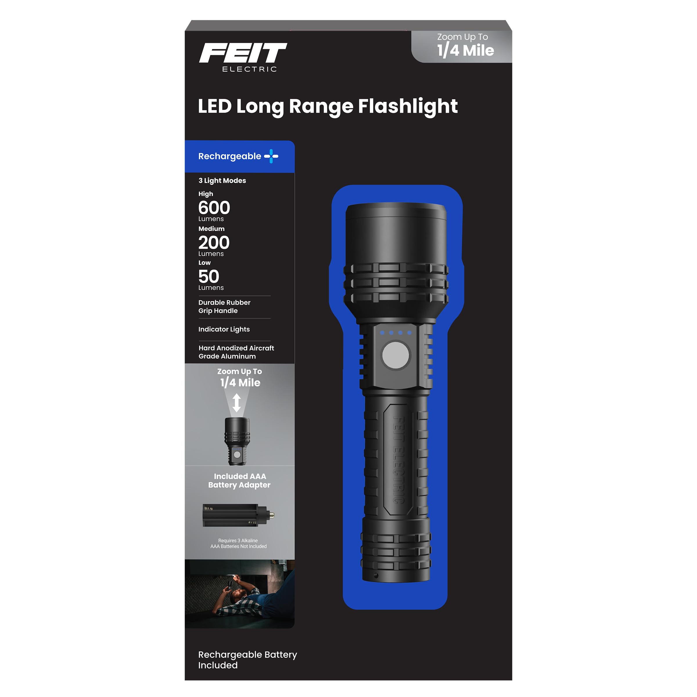 Feit Electric LED Long Range Flashlight, 600 Lumens, 3 Light Modes, 1/4 Mile Zoom, Rechargeable, Waterproof, and Weather-Resista