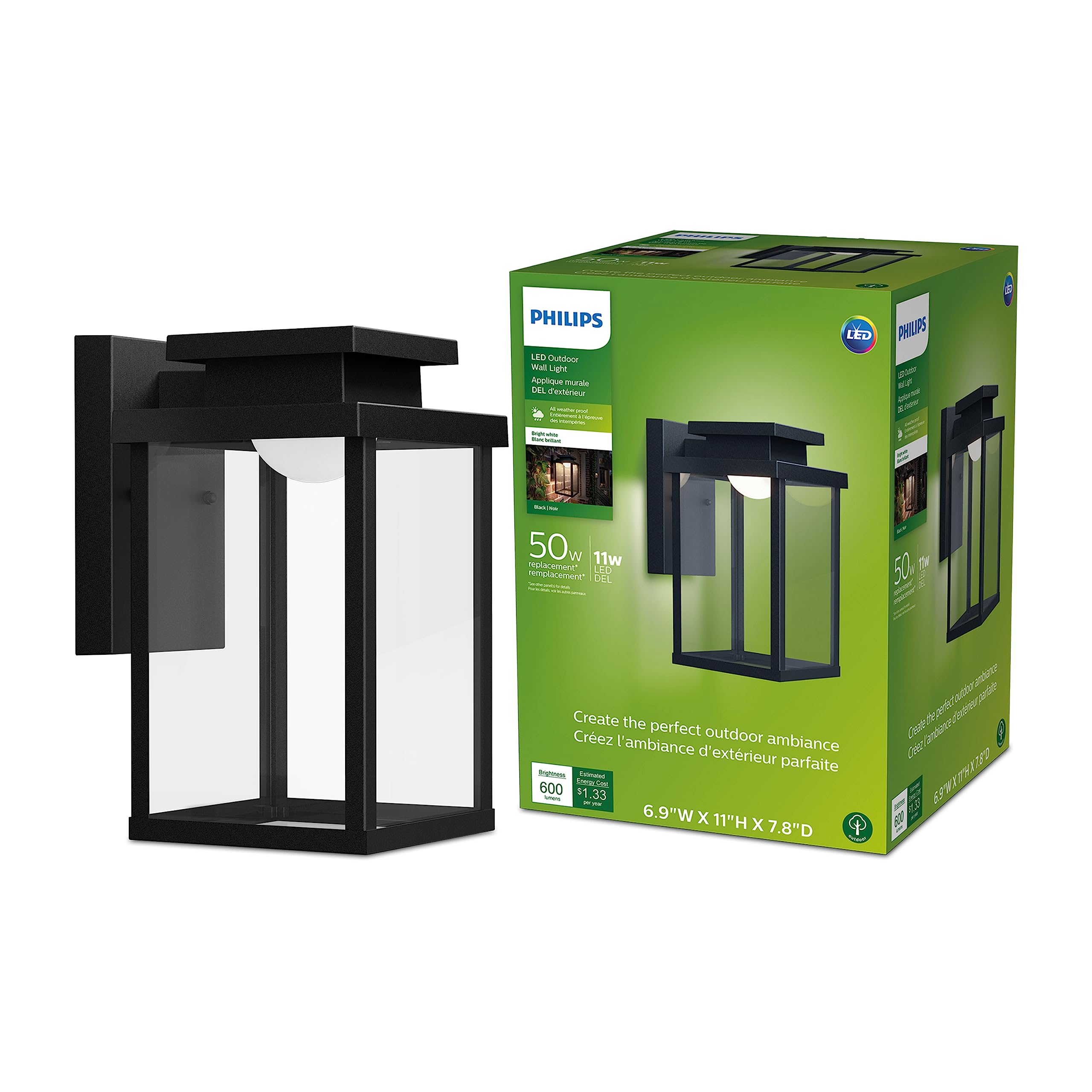 PHILIPS LED Outdoor Rectangular Wall Lantern 1-Pack Bright White (3000K) 600 Lumen (11W = 50W) Weather Resistant