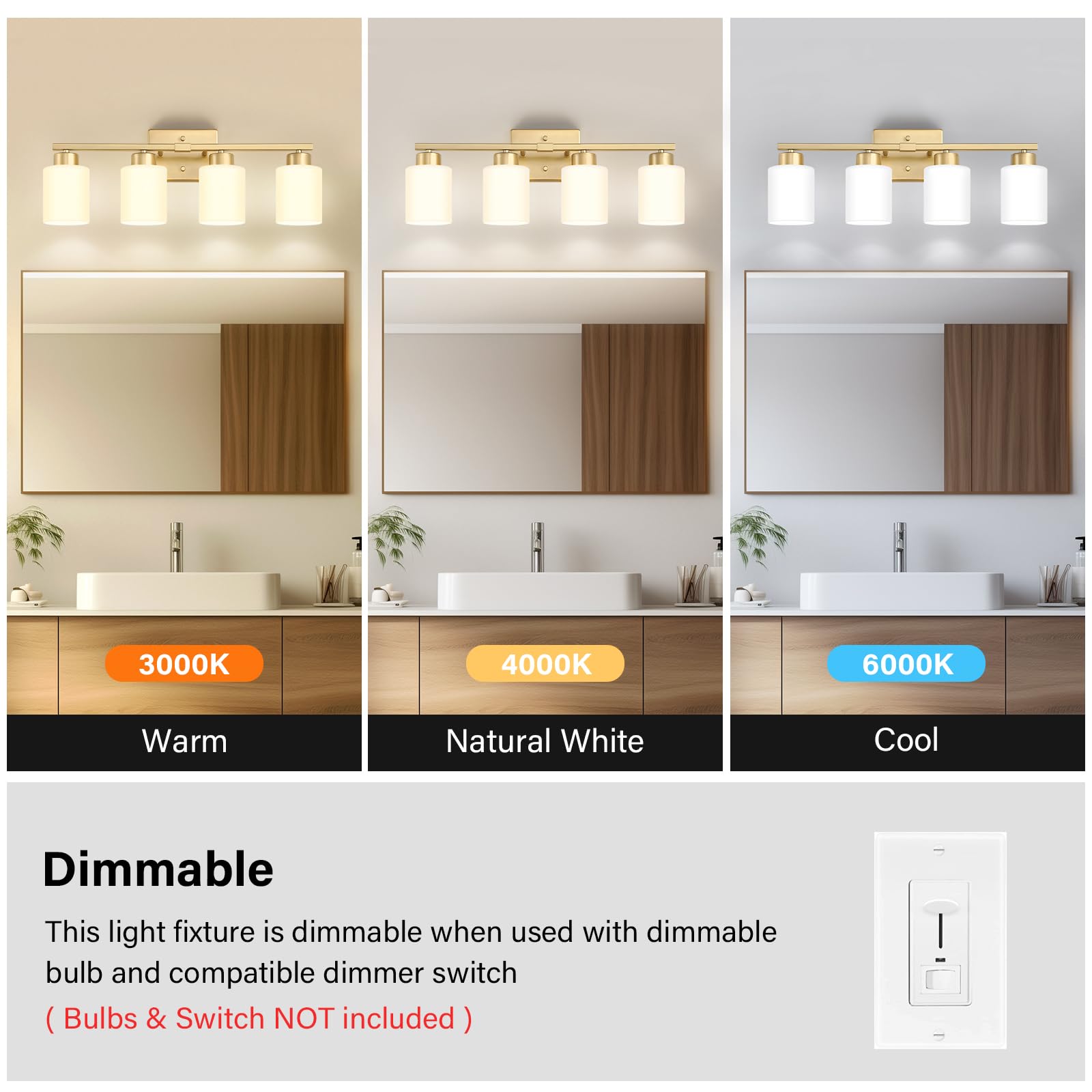 Fonmyim Gold Bathroom Light Fixtures, 4-Light Modern Vanity Light Over Mirror, Wall Sconces With Milky White Frosted Glass Shade