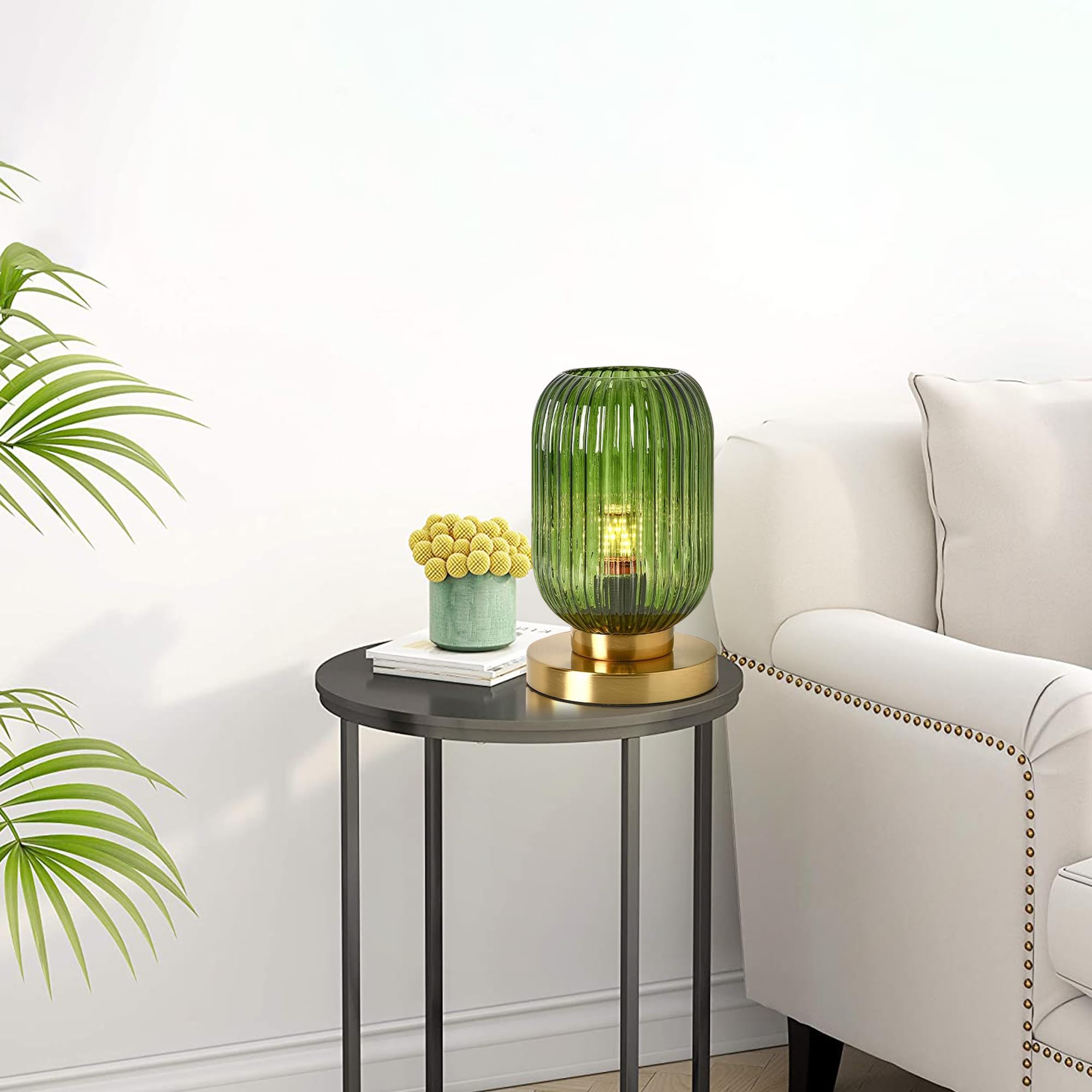 DoungRos Glass Table Lamp - Green Mid Century Modern Design, 10.6" Ribbed Glass Nightstand Light for Bedroom, Living Room, Office