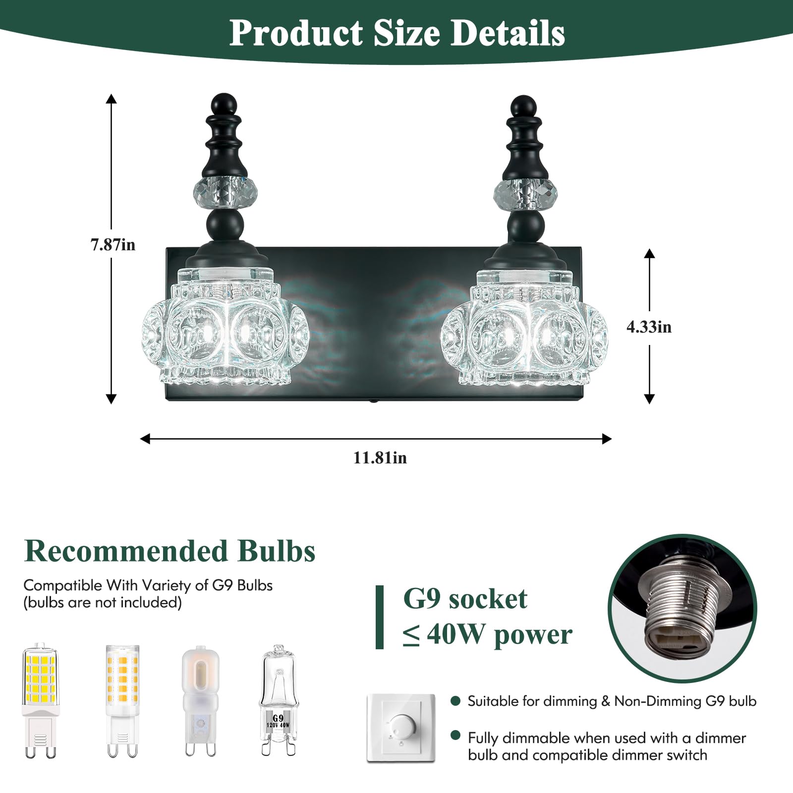 Lbsqj Modern Glass Crystal Bathroom Vanity Light Indoor Wall Lamp Black Vintage Wall Sconces 2-Lights Vanity Lighting Wall Mounted Sconce Wall Lighting