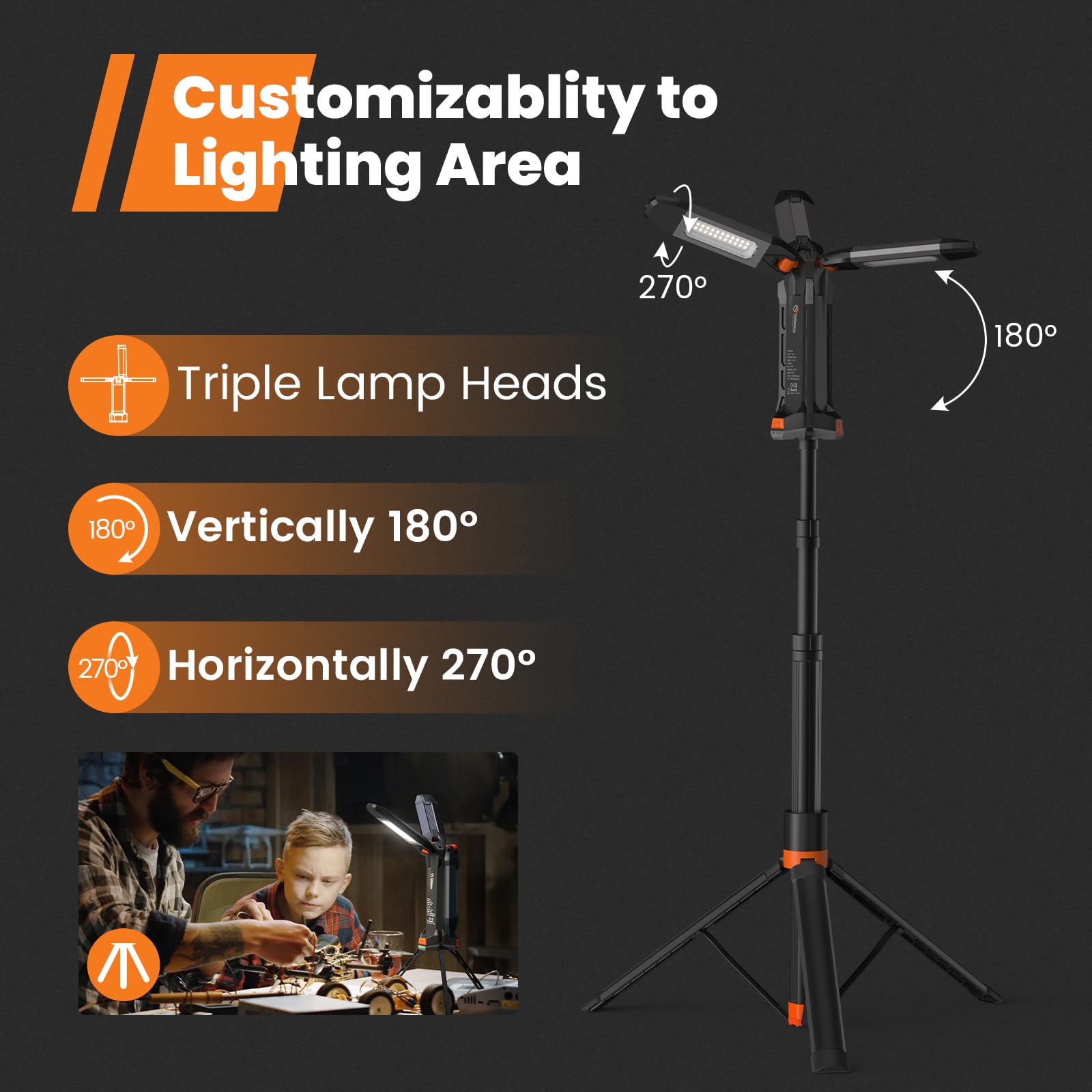 Gogonova 2025 Rechargeable Work Light - 700/1200/2200 Lumens, Dimmable LED, 57" Stand, Gray, Cordless Camping Lamp