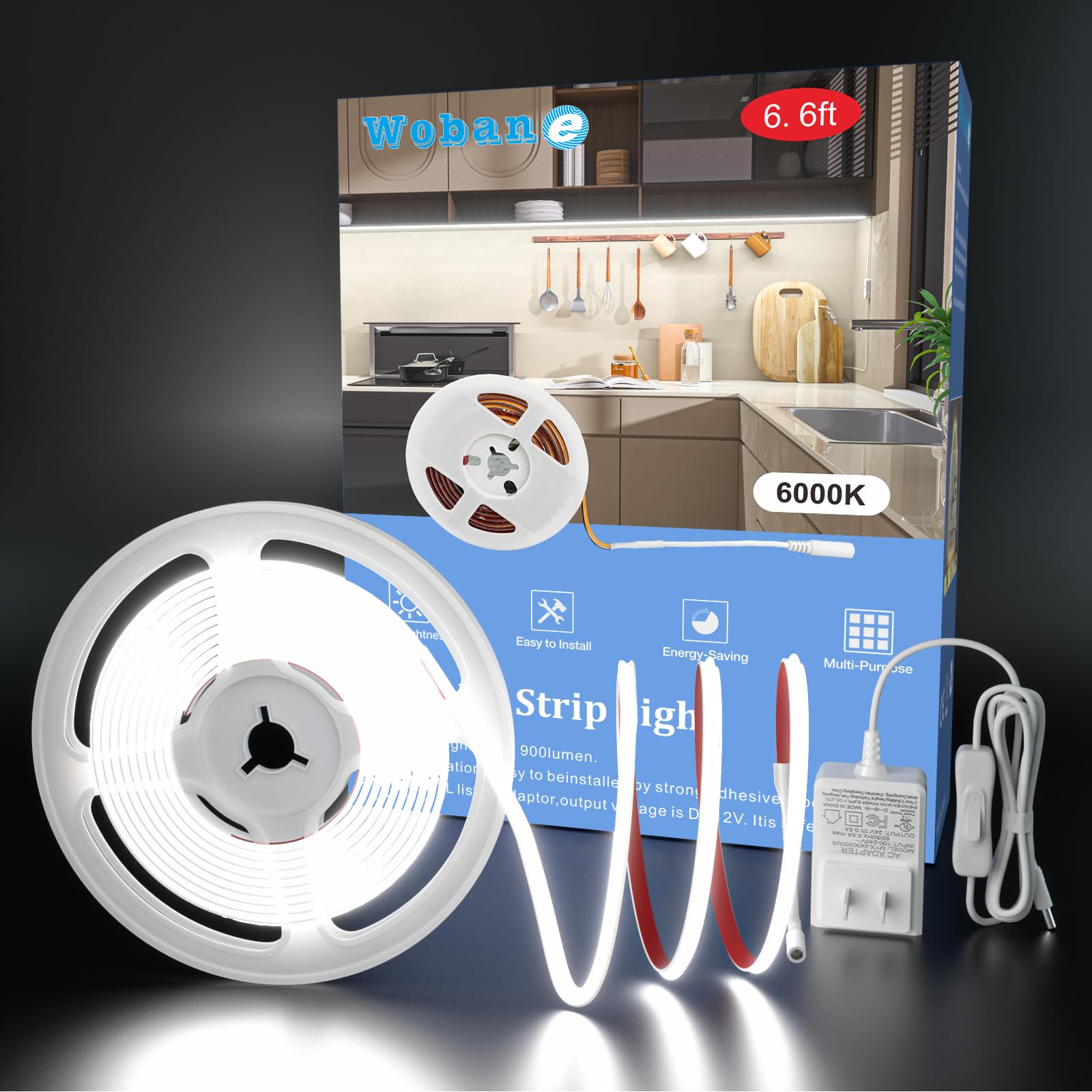 WOBANE Under Cabinet Lighting,Flexible COB LED Strip Light,Under Counter Lights for Kitchen,Mirror,Ceiling,Room,TV,Shelf,Cupboar