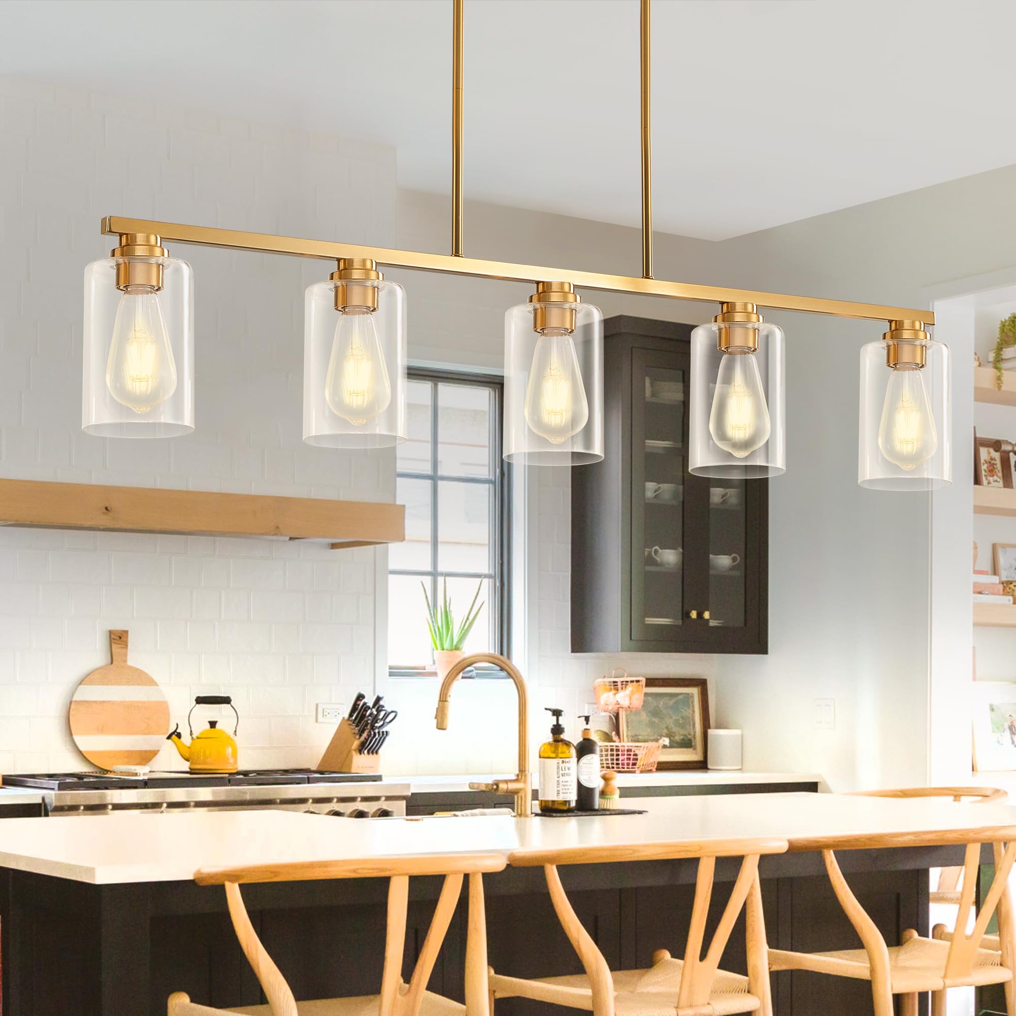 Mecgirn 5-Light Linear Chandelier Pendant, Brushed Gold Metal Light Fixture for Kitchen Island & Dining Room, Model D0017-5-G