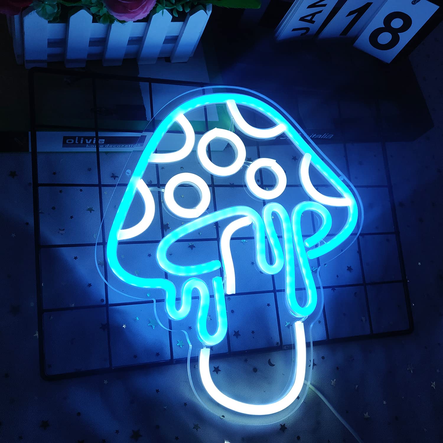 Mushroom Neon Sign Dimmable Led Light Cute Mushroom Night Light 3D Wall Art Signs For Wall Game Room Bedroom Decor Holiday Gift For Children Kids Girl (Ice Blue)